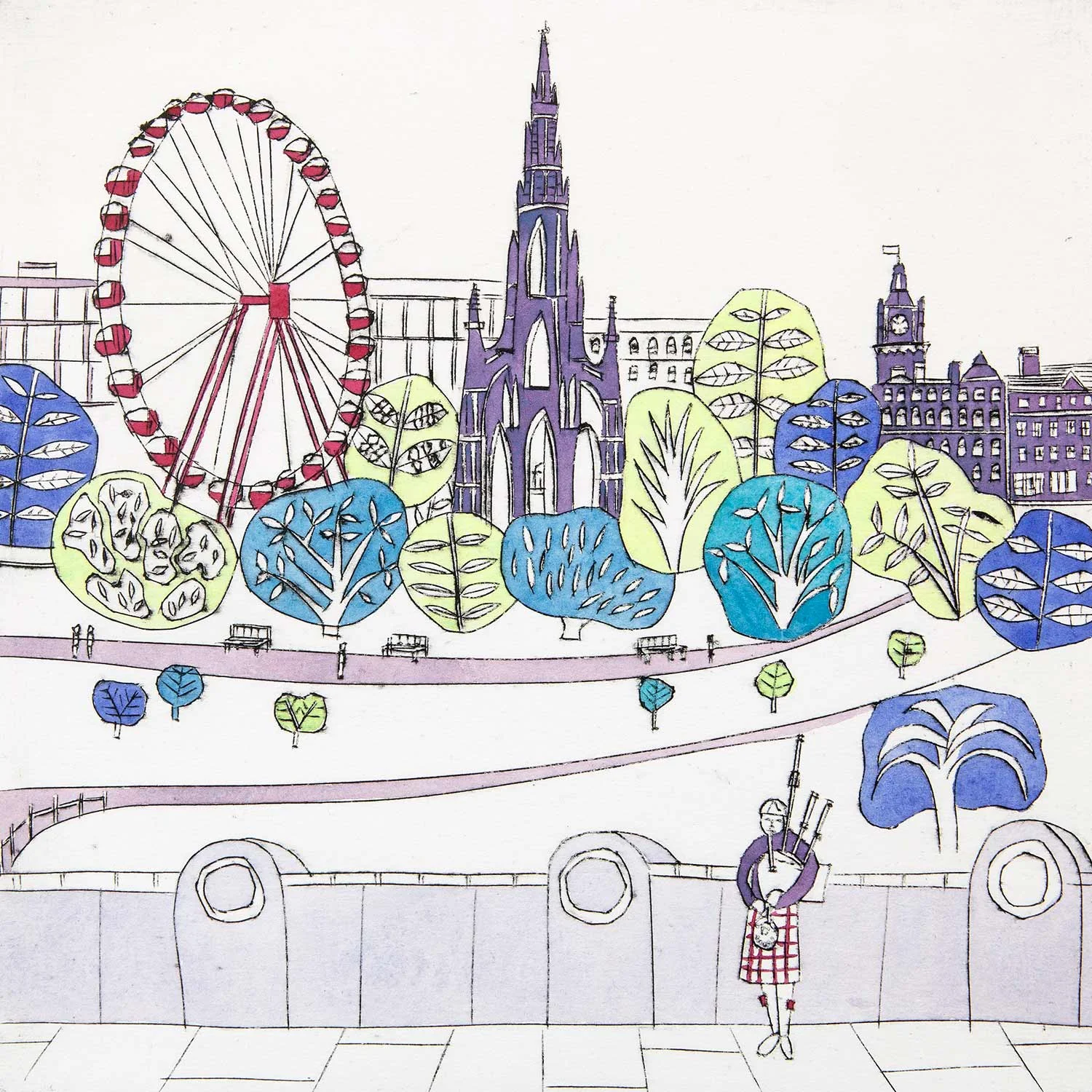 10-Scott-Monument-Piper-full-Edinburgh-Scotland-naive-art-collagraph-print-greetings-card-blank-inside-envelope-colourful.jpg