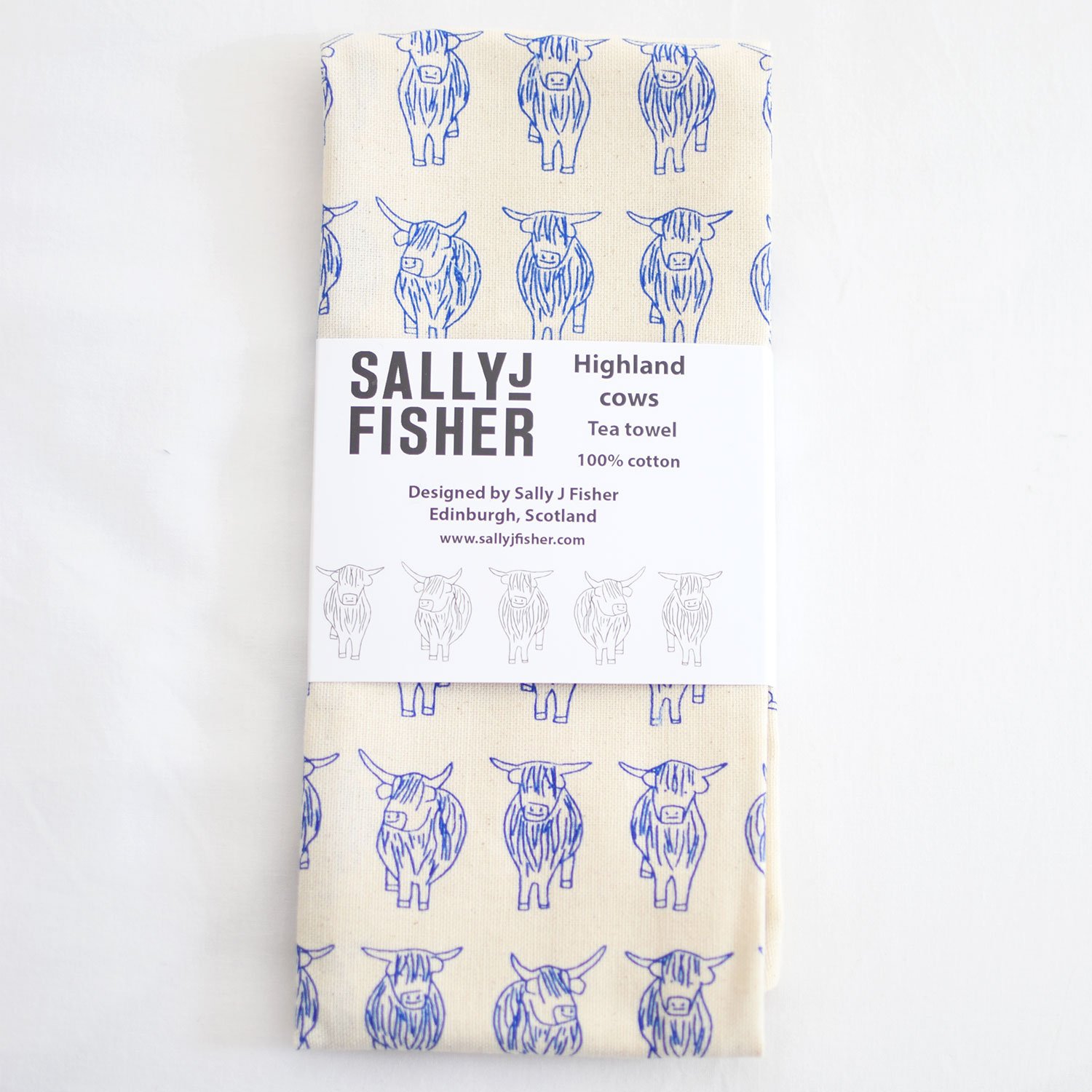 Blue highland cows organic cotton tea towel by local edinburgh artist