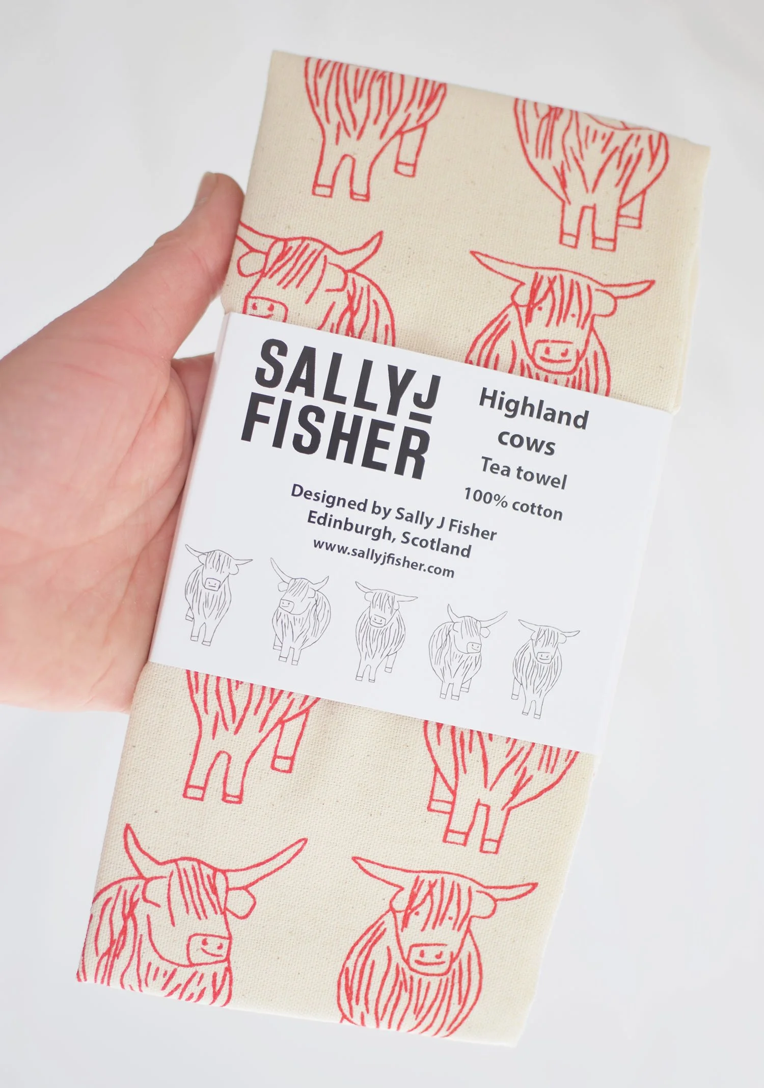 Highland cows tea towel (red)