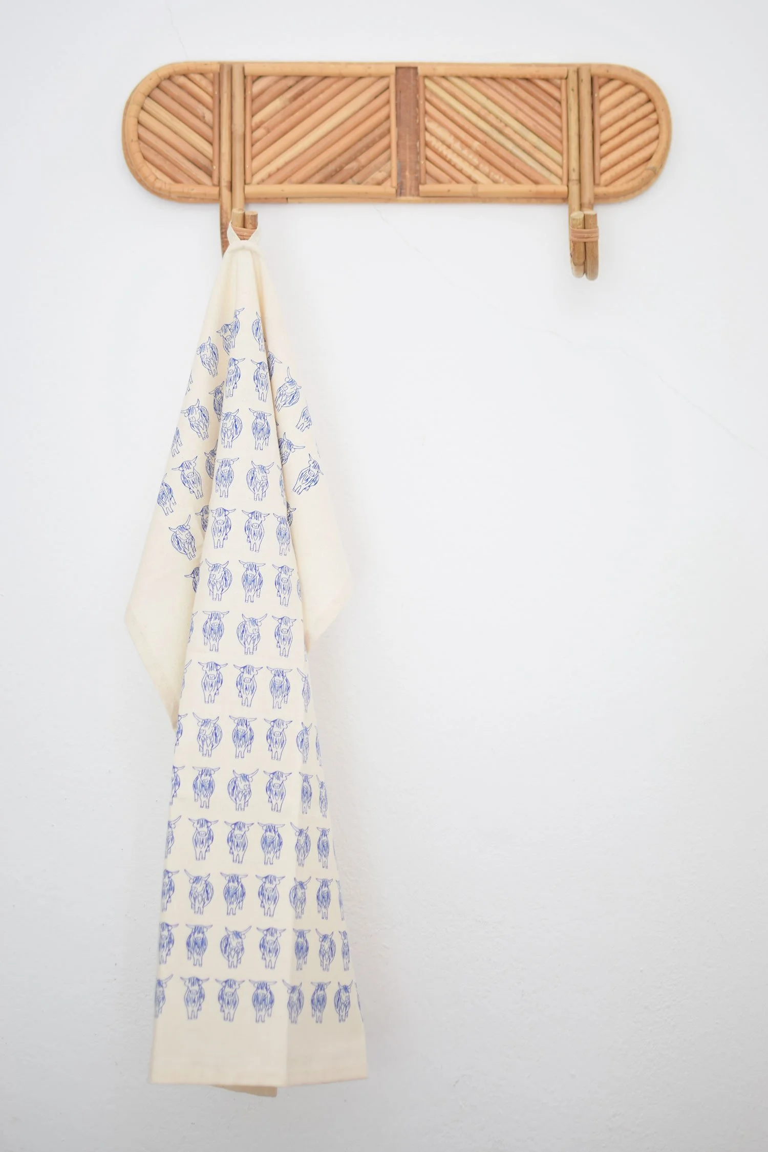 Blue highland cows organic cotton tea towel by local edinburgh artist