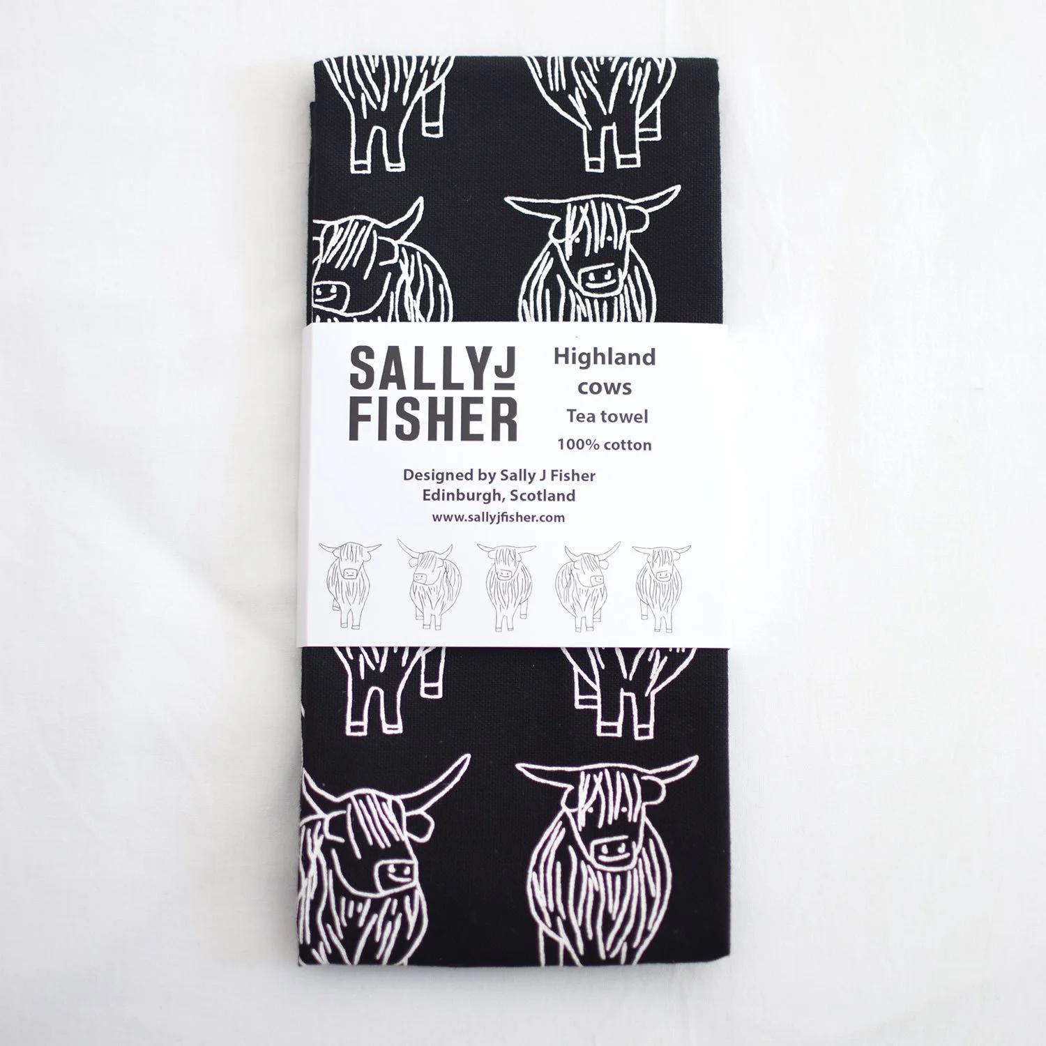 Black and white highland cows organic cotton tea towel by local edinburgh artist Sally Fisher
