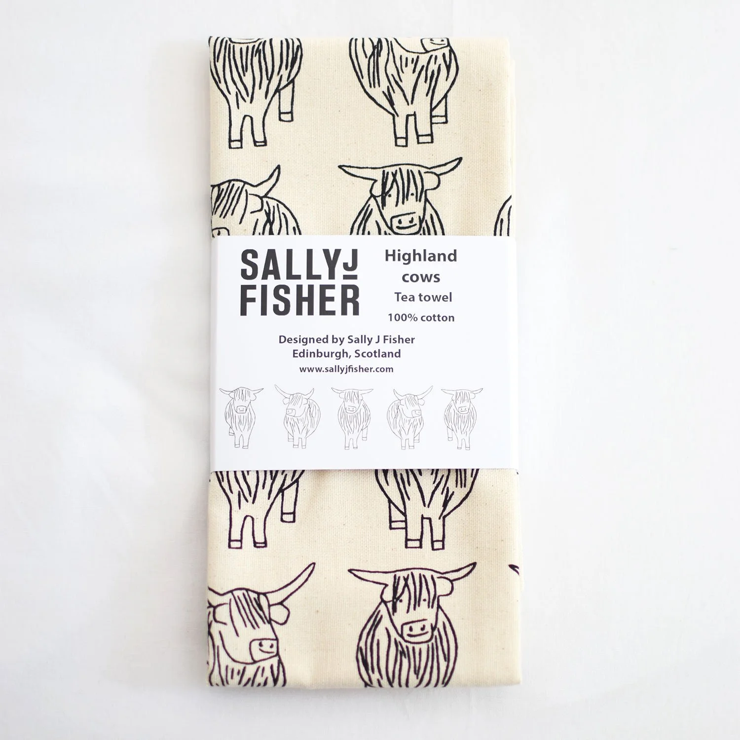 Highland cows tea towel designed by local Edinburgh artist Sally Fisher