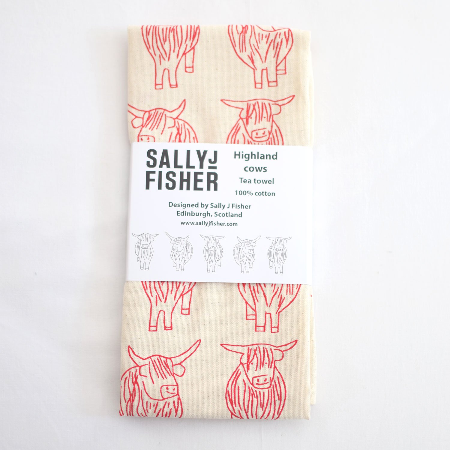 Red highland cows organic cotton tea towel by local edinburgh artist