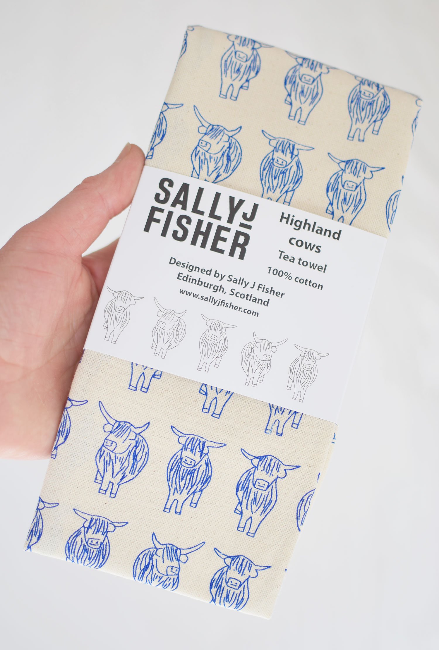 Highland cows tea towel (blue)