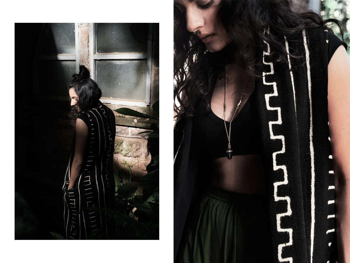 Mud Cloth Sleeveless Coat, $350 | Black Tourmaline Drop, $35