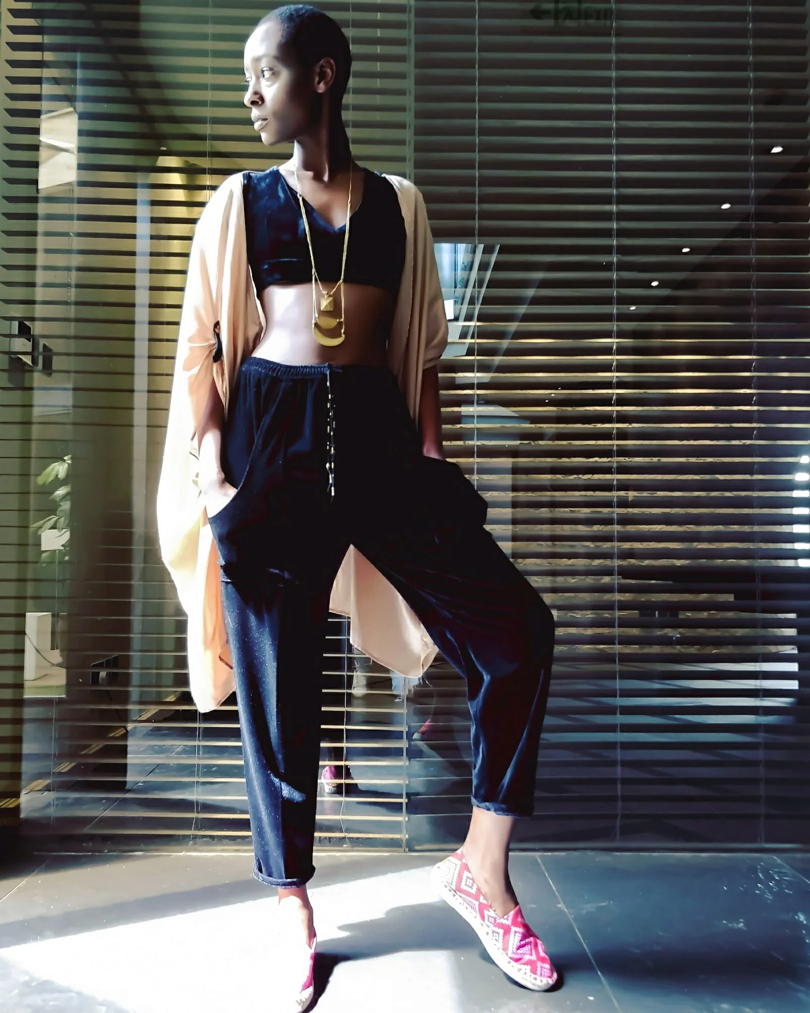 Handpainted kimono, $150 | Velvet travel pants, $75 | Velvet bralette, $35 | Half moon brass necklace, $105