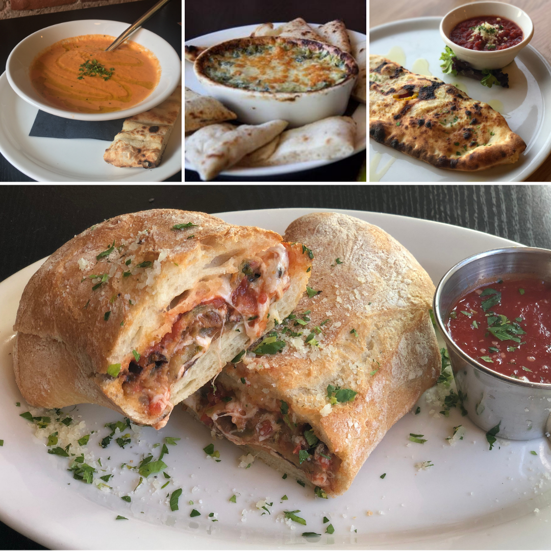 Creamy Tomato Basil Soup, Artichoke & Spinach Dip, Sausage & Peppers Calzone, Eggplant Parmesan Sandwich
