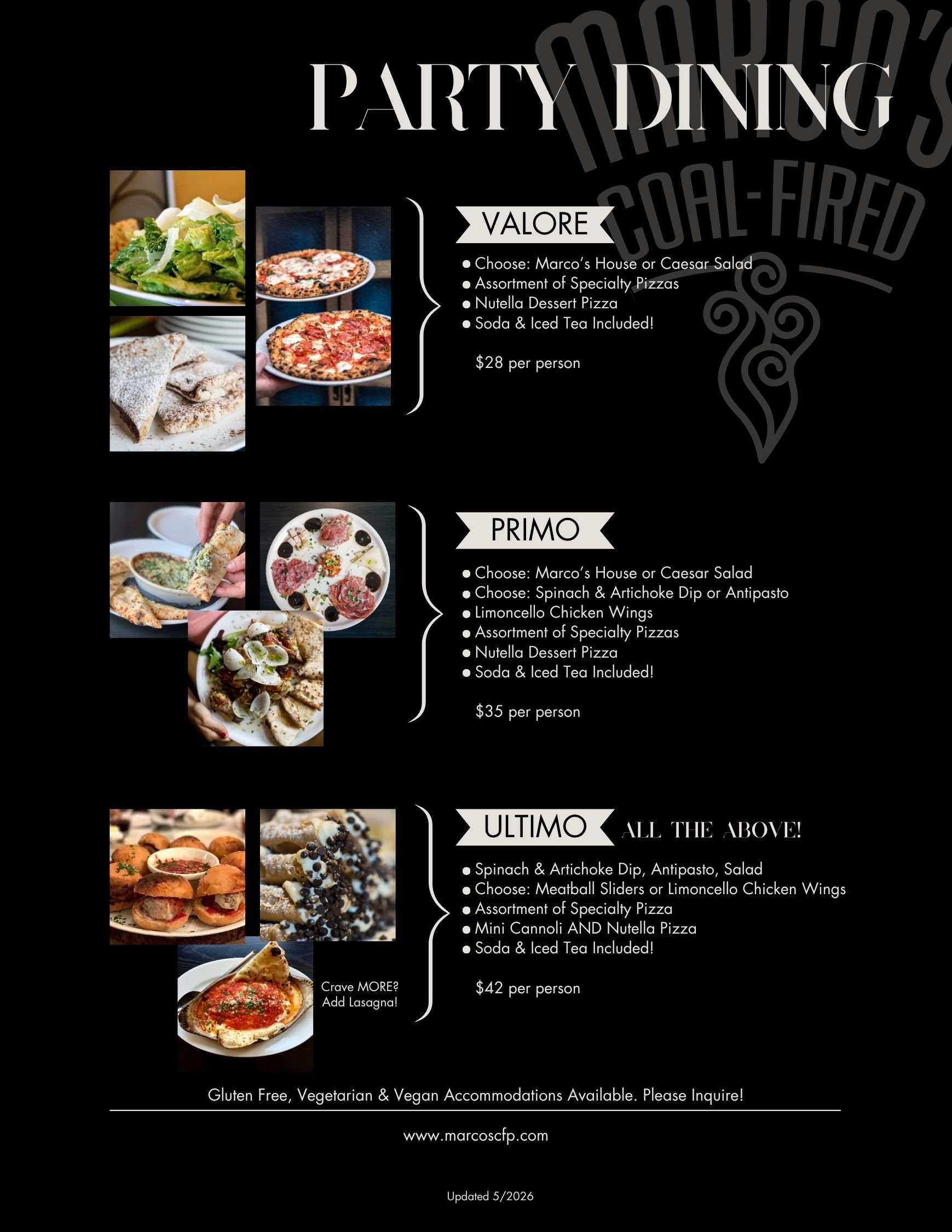 Private Dining Food Party Packages Menu