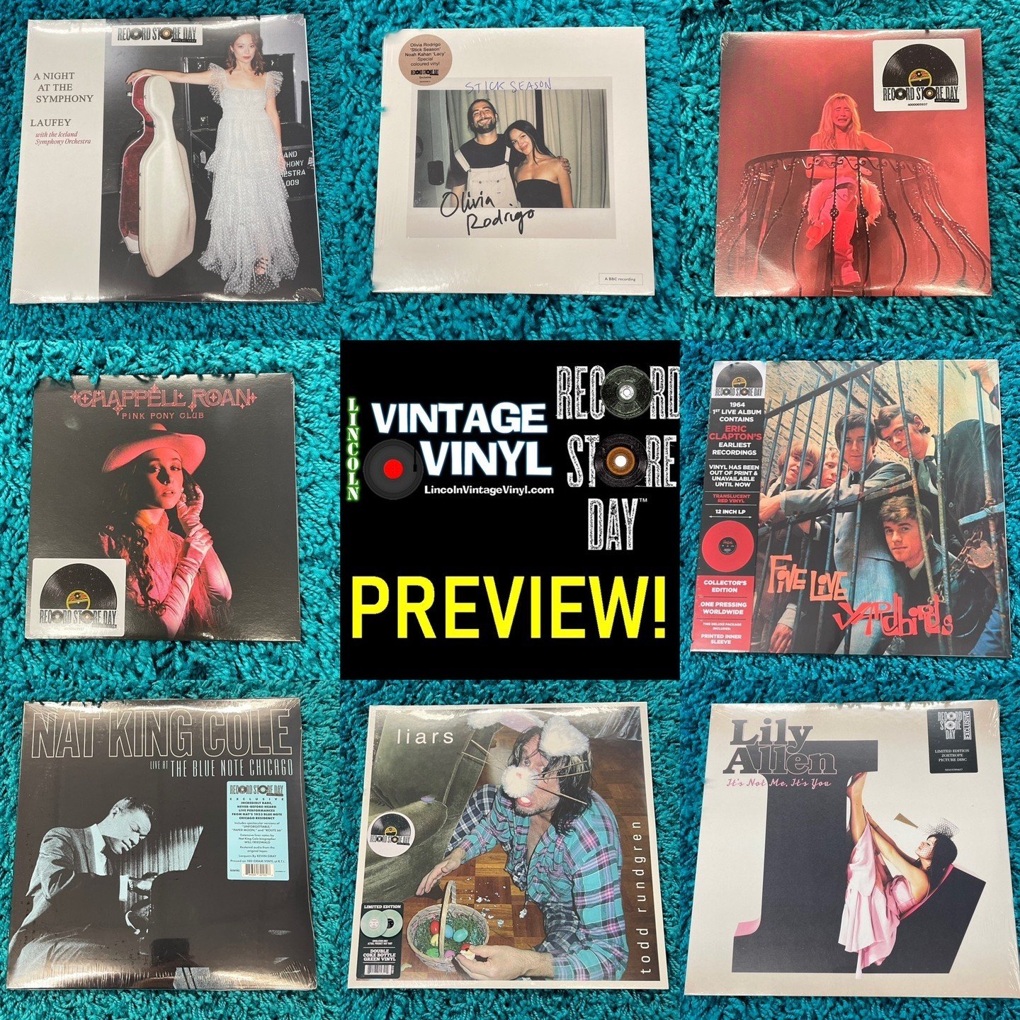 Record Store Day Photo Preview 28! #RSD24 is Saturday April 20th - Open at 7AM! Shop Lincoln Vintage Vinyl FIRST for Lincoln's Largest Selection of RSD Titles! In This Preview: Laufey, Olivia Rodrigo and Noah Kahan, Sabrina Carpenter, Chappell Roan, 