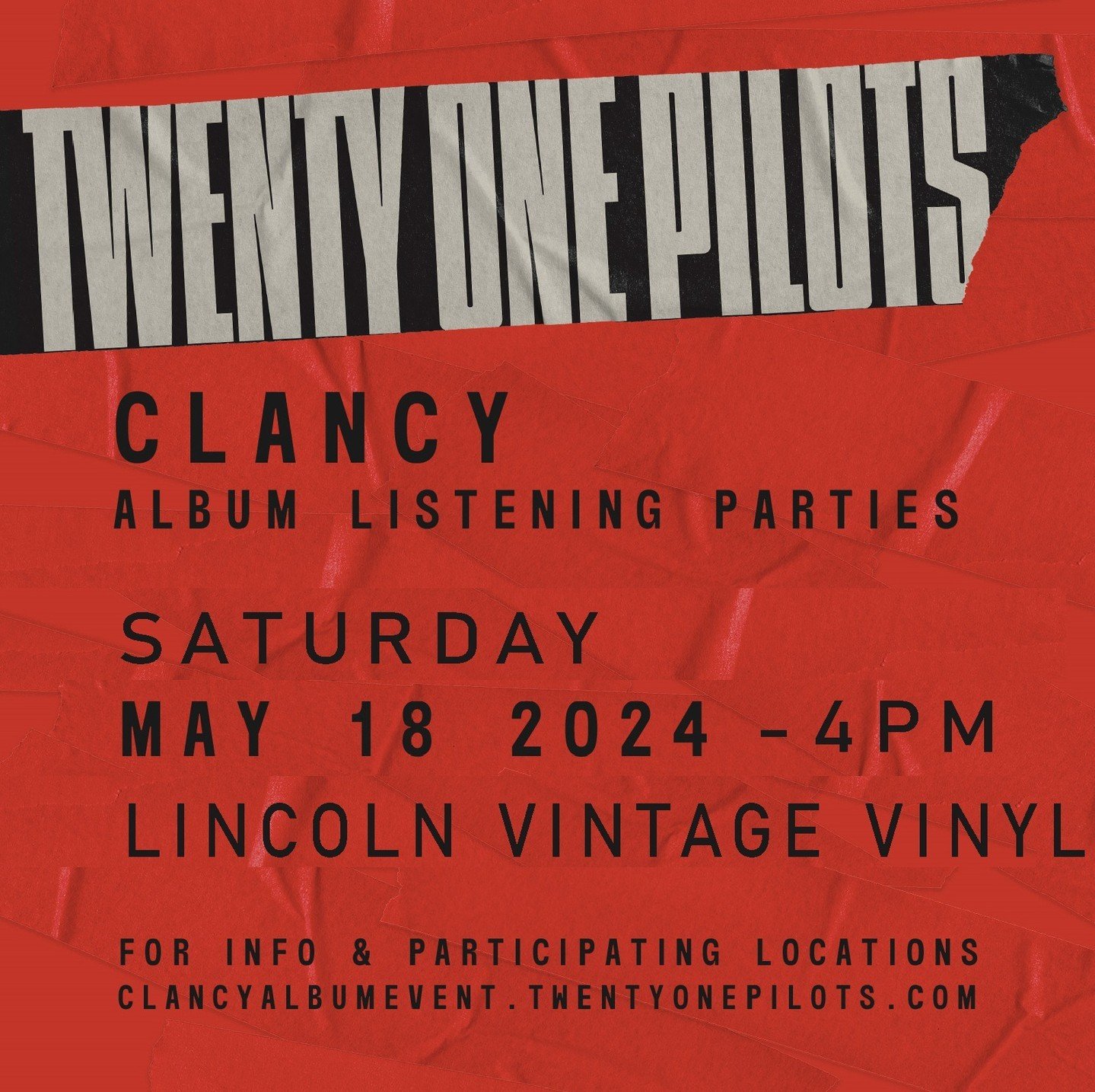Next Saturday May 18th at 4PM we will be holding a listening party for the new Twenty One Pilots &ldquo;Clancy&rdquo; album at Lincoln Vintage Vinyl!  The new album comes out on Friday May 24th!  Stop by and listen to the new album before it&rsquo;s 