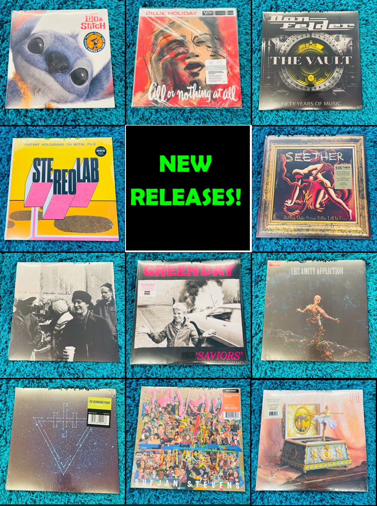 Vinyl New Releases Out Tomorrow (Friday 5/23)  Lilo And Stitch (Stitch Shaped Picture Disc!), Billie Holiday (Verve Acoustic Sounds Series), Don Felder, StereoLab, Seether, Elliott Smith, Green Day (Deluxe - Limited Splatter Vinyl), The Amity Afflict