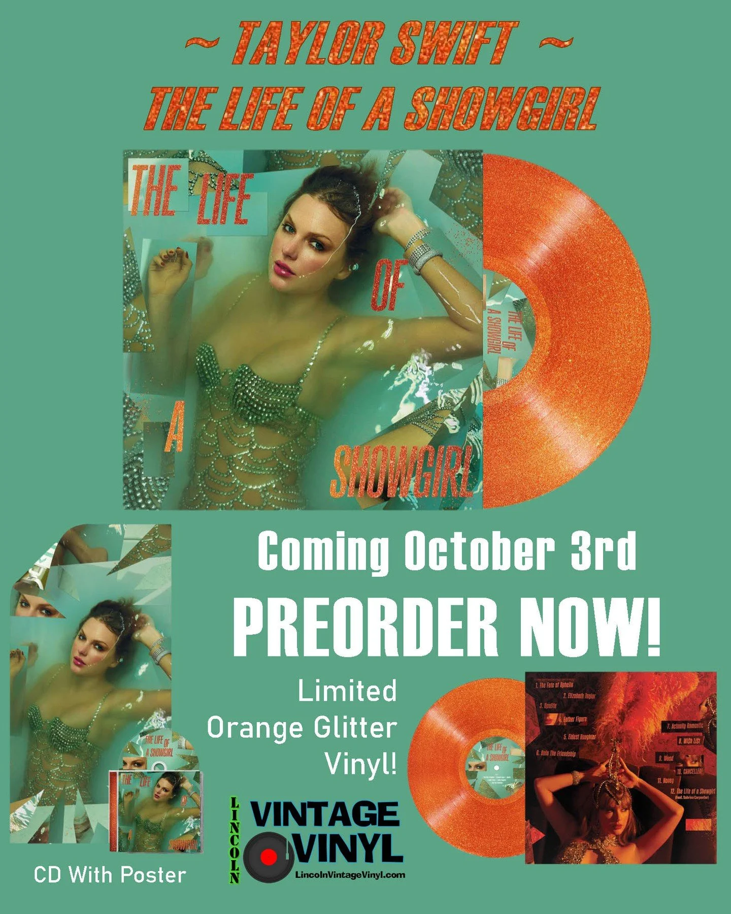 HUGE ANNOUNCEMENT!  Taylor Swift's Upcoming Album - The Life Of A Showgirl is coming out on Vinyl and CD on October 3rd!  Our website is now open for pre-orders!  The vinyl version will be on Orange Glitter colored vinyl!  The CD version will come wi