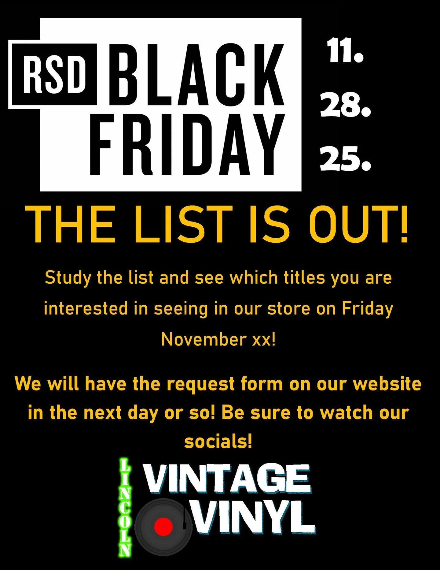 The 2025 Black Friday Record Store List is out now!  Please take some time to look over the list and see which titles you are interested in seeing in our store on November 28th!  We will work over the list and have our official request form on our si