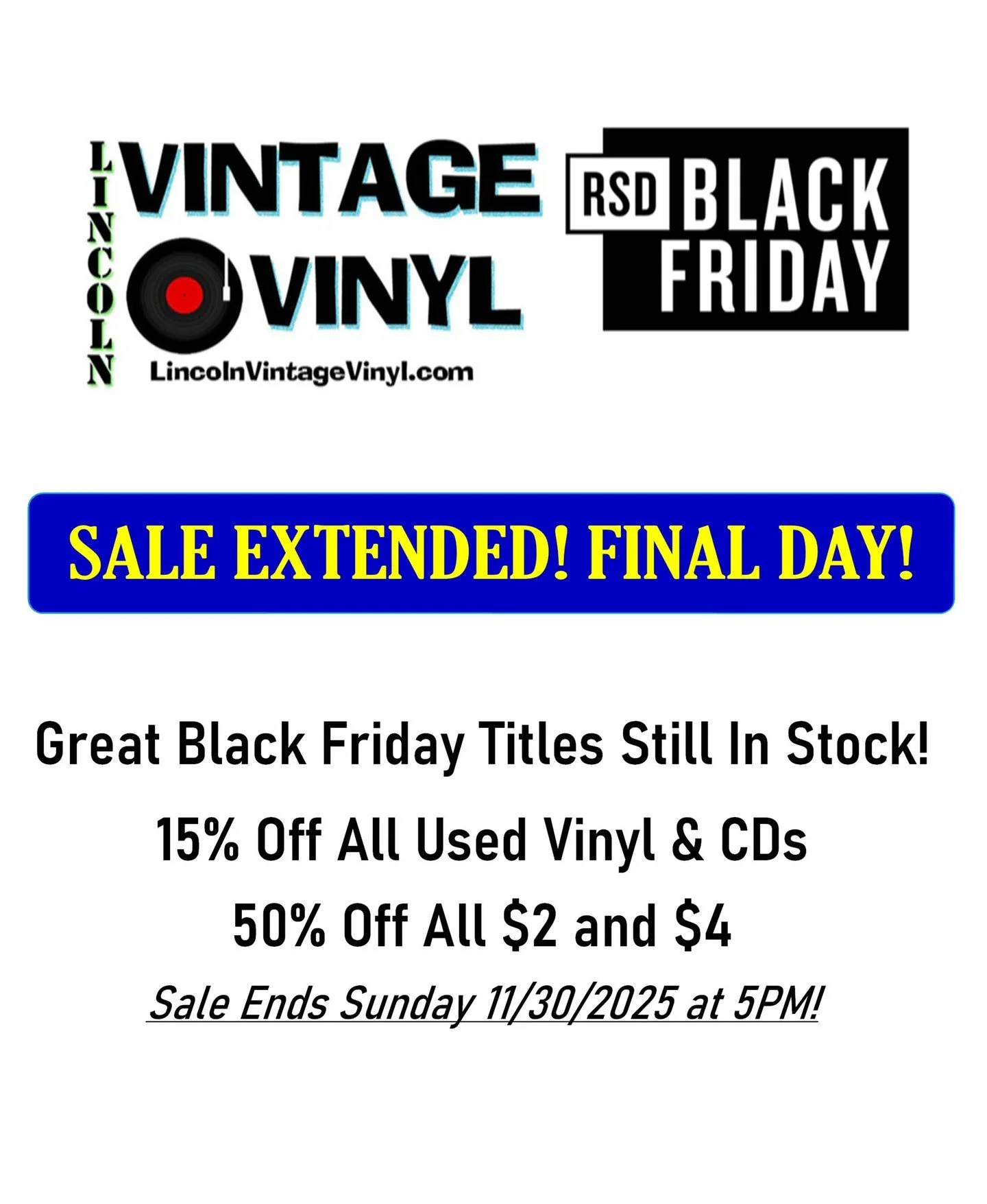 Our Black Friday sales continue on Sunday! The Final day to take advantage of:
● 15% OFF All Used Vinyl and CDs! ● 
● 50% OFF All $2 and $4 Records! ● 
● Still great RSD Black Friday Titles In Stock! ● 
Open Sunday 1PM to 5PM! SALE ENDS At 5PM Sunday