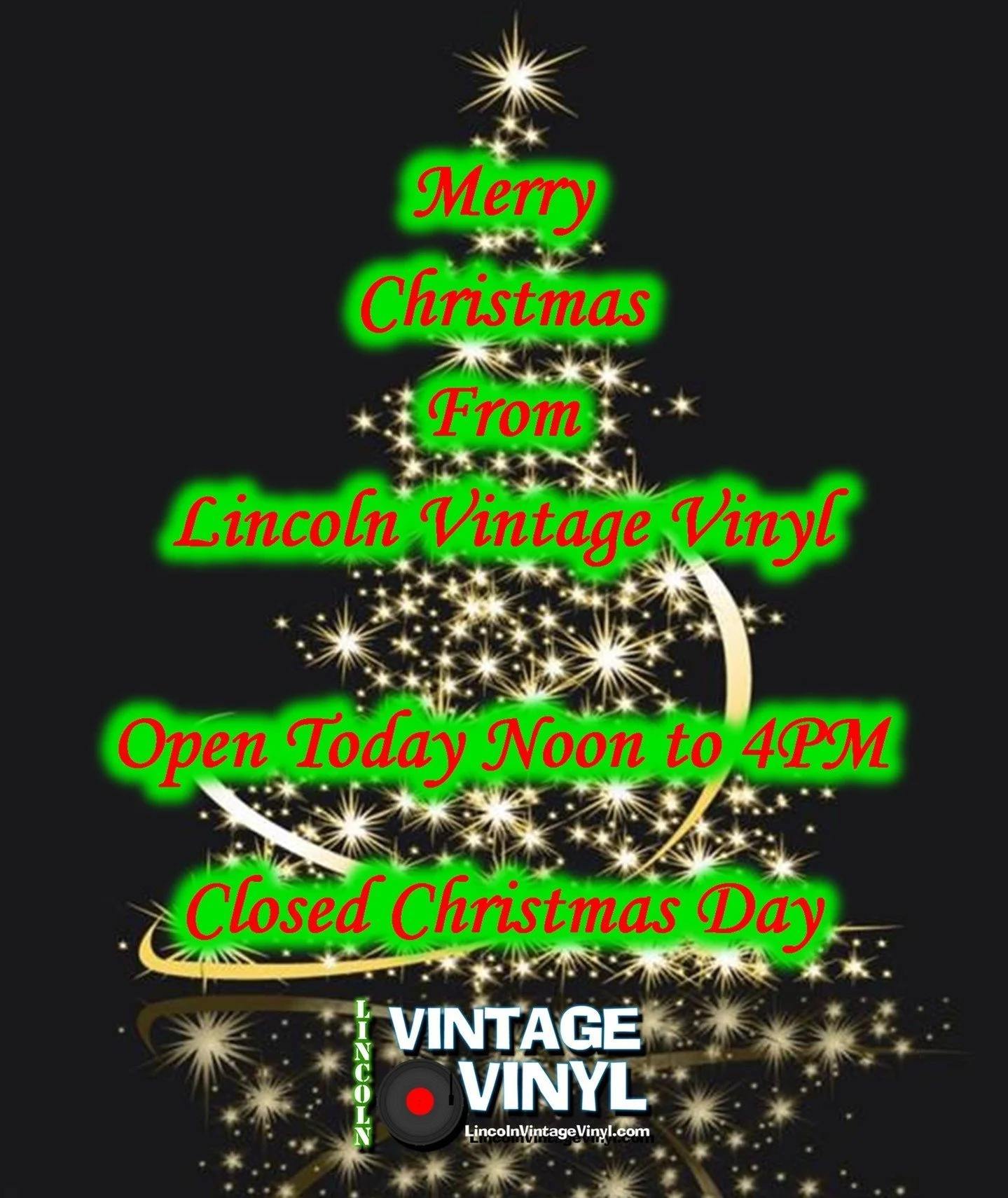 Merry Christmas from Lincoln Vintage Vinyl!  We are Open today, Christmas Eve - Noon to 4PM For all your last minute holiday gift needs!  Gift Certificates are always available!