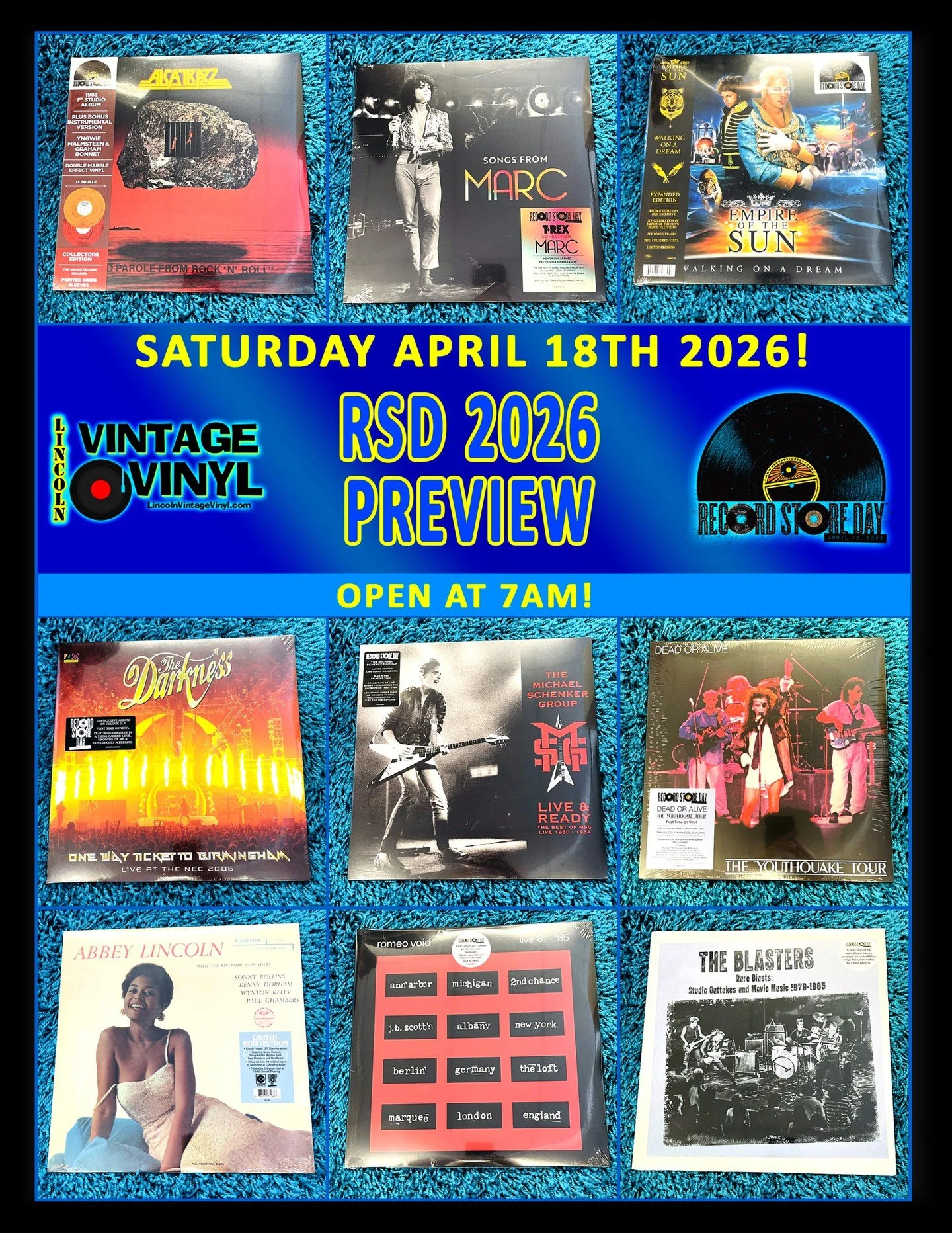 Record Store Day 2026 Photo Preview 13!  Record Store Day is Next Saturday! -  April 18th - We Open at 7AM!  Shop Lincoln Vintage Vinyl FIRST for Lincoln's Largest Selection of RSD Titles!  In This Preview: Alcatrazz, Marc Bolan / T. Rex, Empire Of T