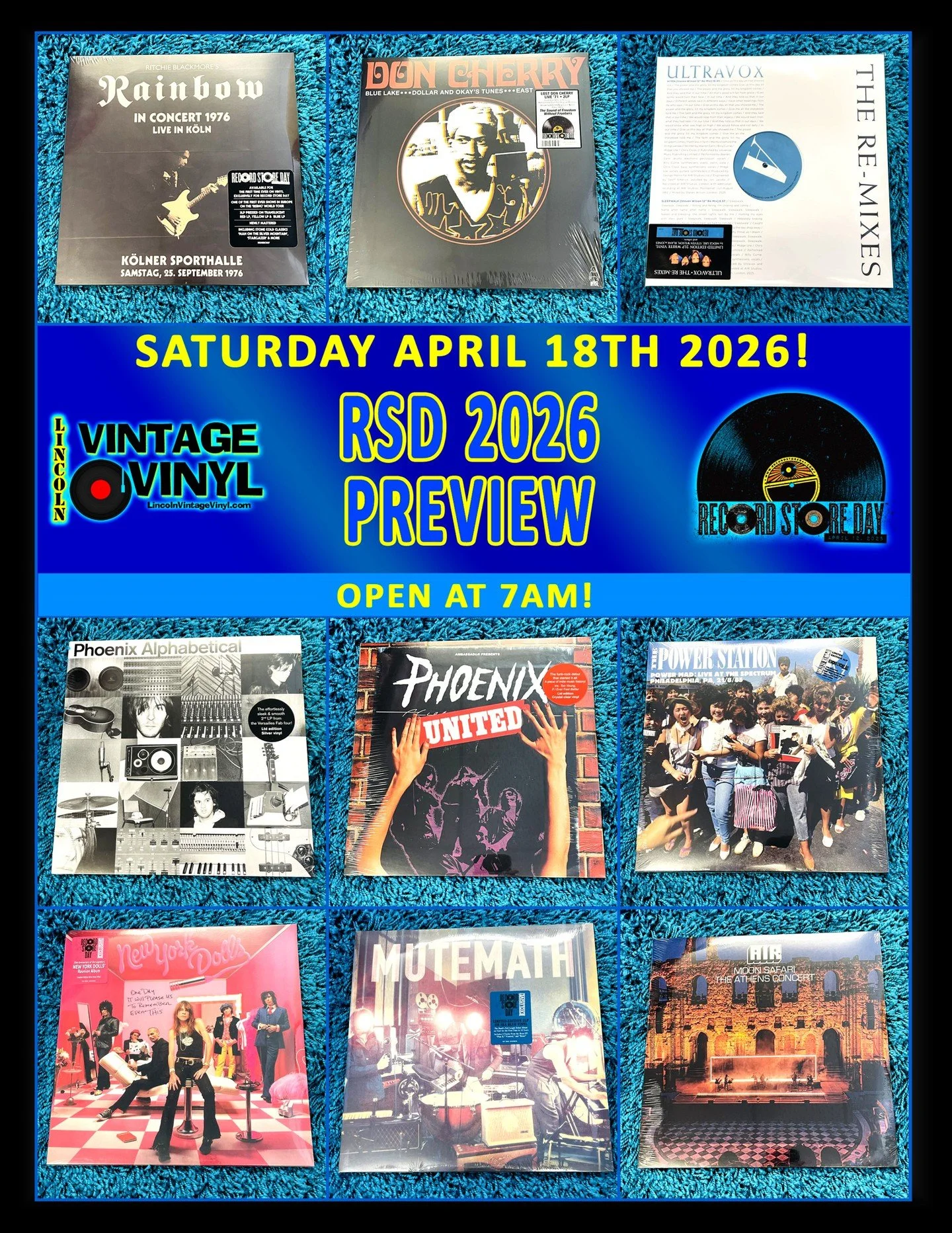 Record Store Day 2026 Photo Preview 14!  Record Store Day is Next Saturday! -  April 18th - We Open at 7AM!  Shop Lincoln Vintage Vinyl FIRST for Lincoln's Largest Selection of RSD Titles!  In This Preview: Rainbow, Don Cherry, Ultravox, Phoenix (x2)