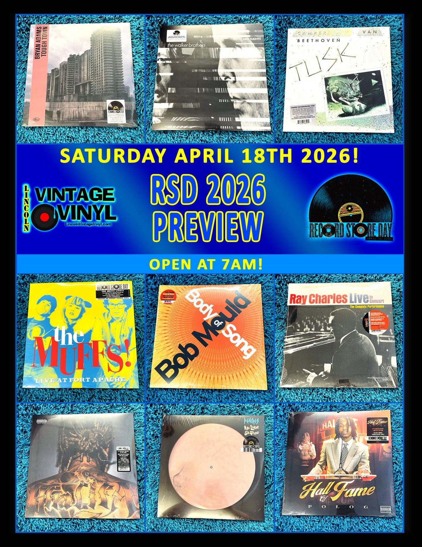 Record Store Day 2026 Photo Preview 15!  Record Store Day is Next Saturday! -  April 18th - We Open at 7AM!  Shop Lincoln Vintage Vinyl FIRST for Lincoln's Largest Selection of RSD Titles!  In This Preview: Bryan Adams, The Walker Brothers, Camper Va
