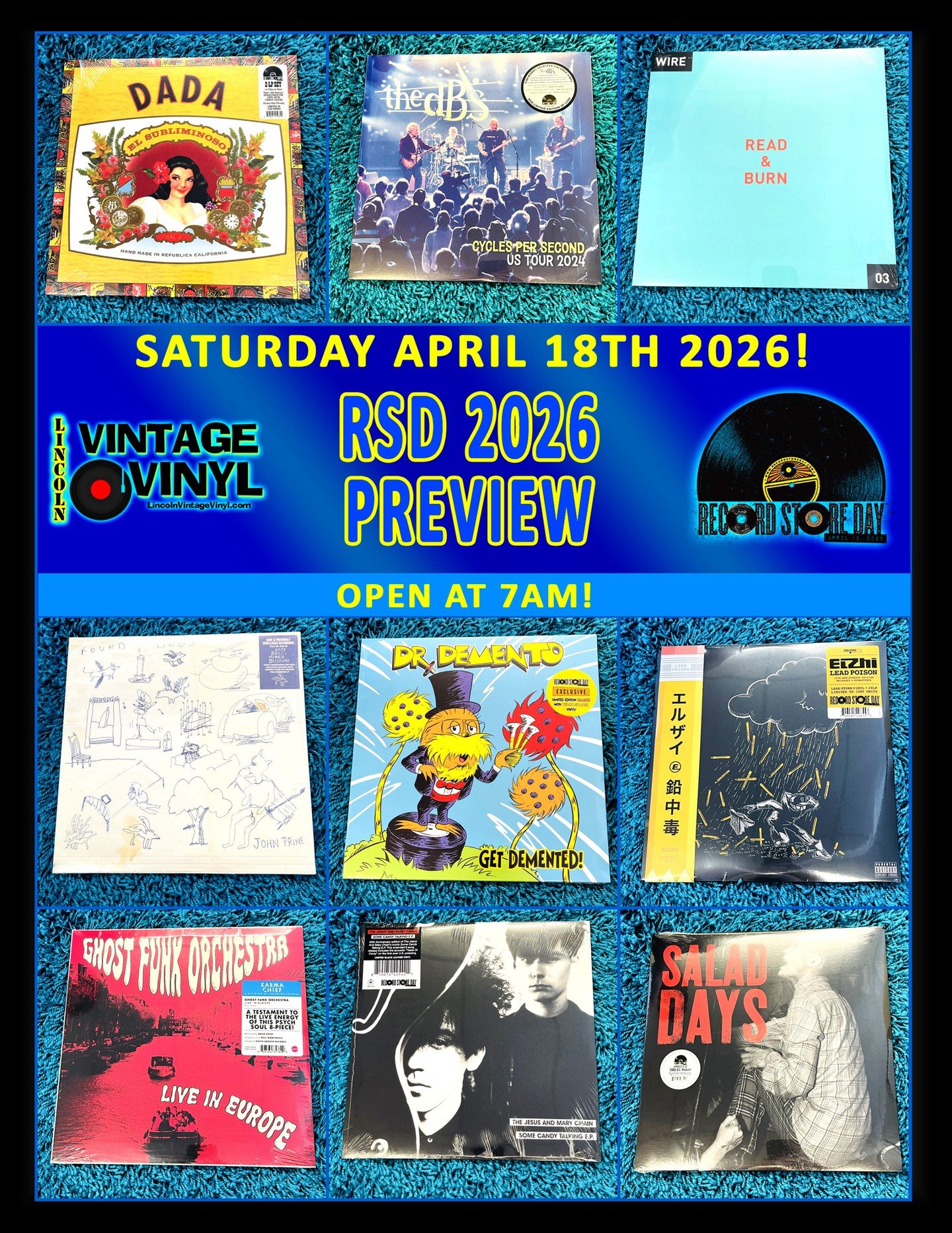 Record Store Day 2026 Photo Preview 16!  Record Store Day is Next Saturday! -  April 18th - We Open at 7AM!  Shop Lincoln Vintage Vinyl FIRST for Lincoln's Largest Selection of RSD Titles!  In This Preview: Dada, The DB's, Wire, John Prine, Dr Dement