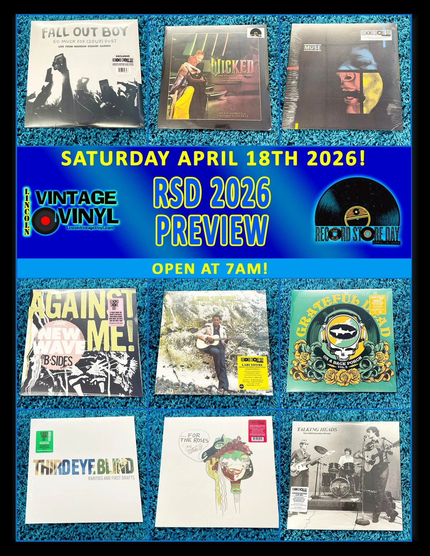 Record Store Day 2026 Photo Preview 18!  Record Store Day is This Saturday! -  April 18th - We Open at 7AM!  Shop Lincoln Vintage Vinyl FIRST for Lincoln's Largest Selection of RSD Titles!  In This Preview: Fall Out Boy, Wicked Soundtrack (One Night 