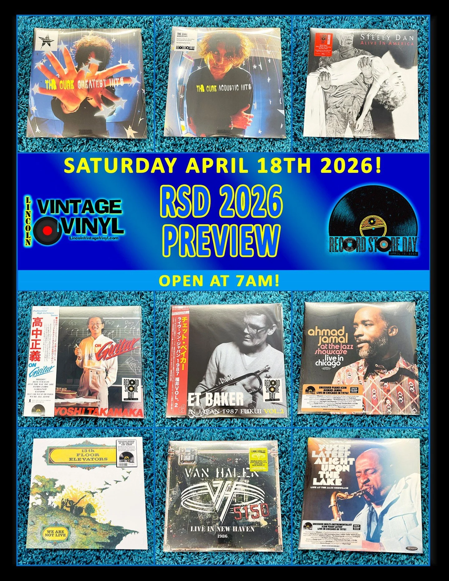 Record Store Day 2026 Photo Preview 20!  Record Store Day is This Saturday! -  April 18th - We Open at 7AM!  Shop Lincoln Vintage Vinyl FIRST for Lincoln's Largest Selection of RSD Titles!  In This Preview: The Cure (Greatest Hits and Acoustic Hits),