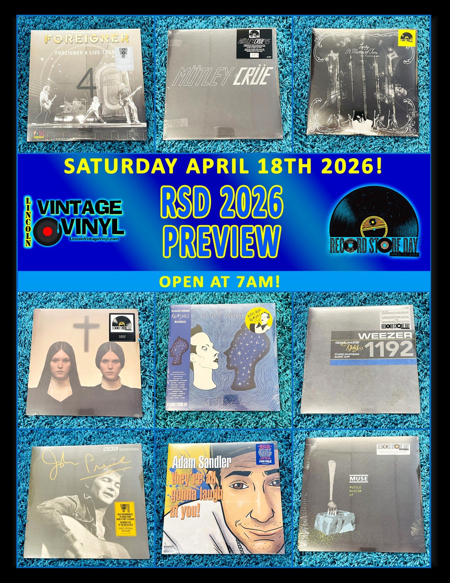 Record Store Day 2026 Photo Preview 21!  Record Store Day is This Saturday! -  April 18th - We Open at 7AM!  Shop Lincoln Vintage Vinyl FIRST for Lincoln's Largest Selection of RSD Titles!  In This Preview: Foreigner, Motley Crue, Laufey, Ethel Cain,