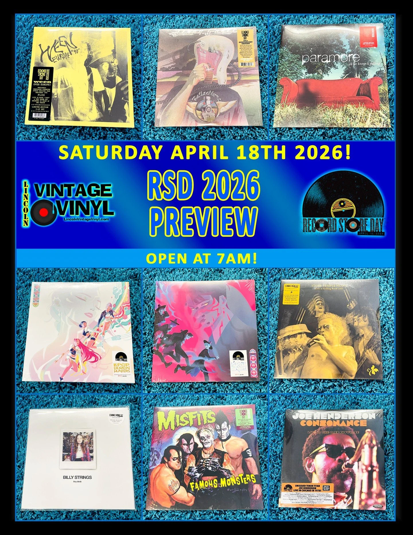 Record Store Day 2026 Photo Preview 22!  Record Store Day is This Saturday! -  April 18th - We Open at 7AM!  Shop Lincoln Vintage Vinyl FIRST for Lincoln's Largest Selection of RSD Titles!  In This Preview: Ween, Jerry Garcia, Paramore, K-Pop Demon H