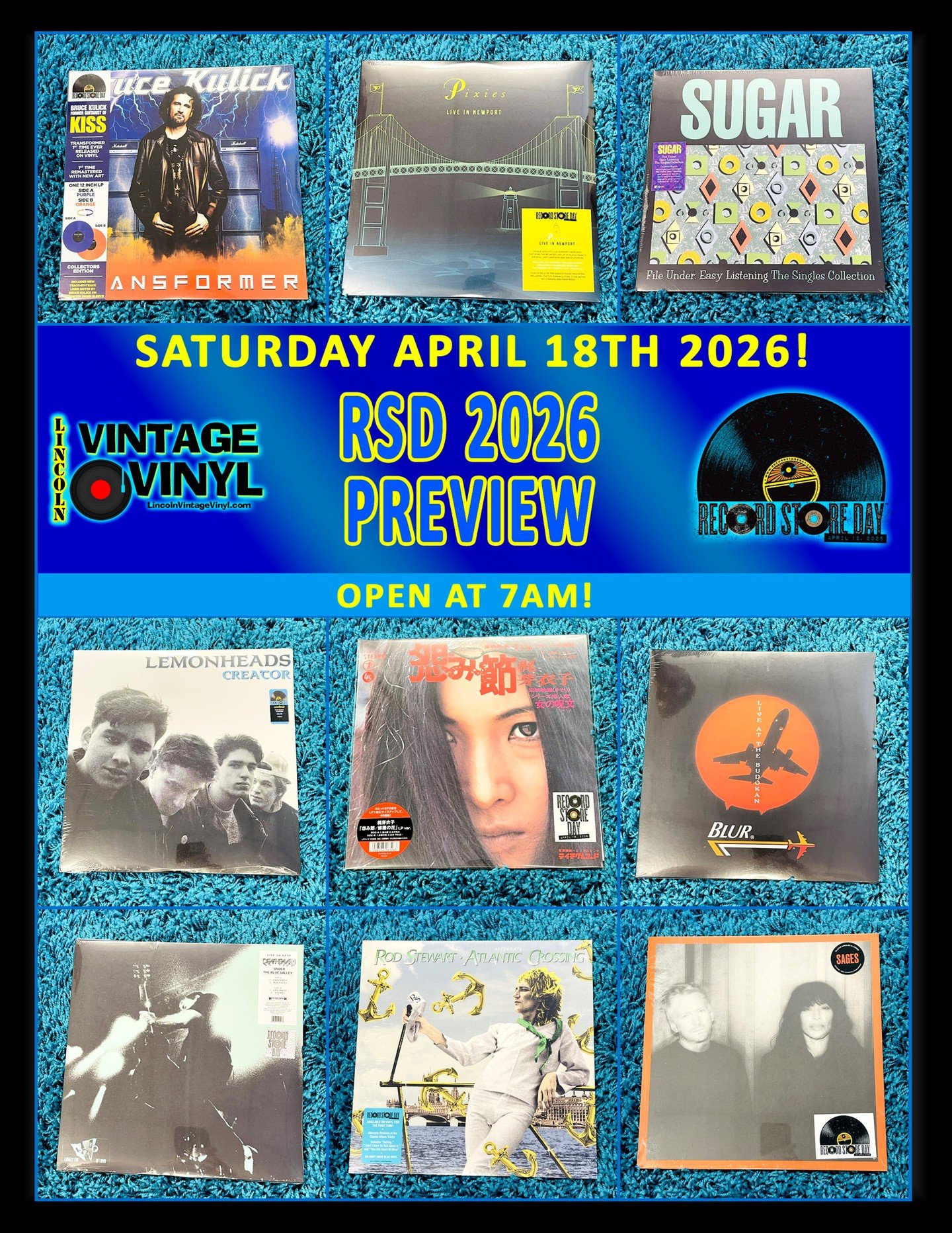 Record Store Day 2026 Photo Preview 23!  Record Store Day is This Saturday! -  April 18th - We Open at 7AM!  Shop Lincoln Vintage Vinyl FIRST for Lincoln's Largest Selection of RSD Titles!  In This Preview: Bruce Kulick (Of KISS), Pixies, Sugar (Box 