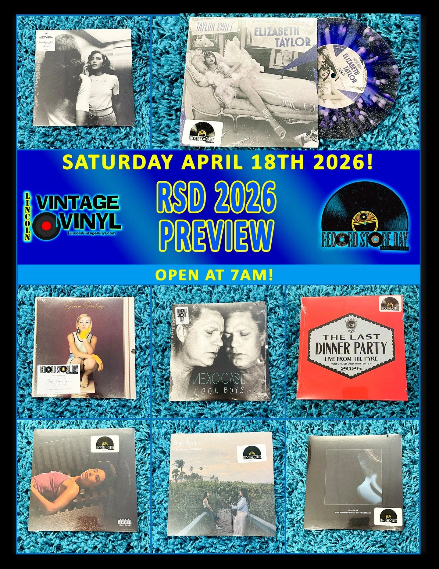 Record Store Day 2026 Photo Preview 26!  Record Store Day is This Saturday! -  April 18th - We Open at 7AM!  Shop Lincoln Vintage Vinyl FIRST for Lincoln's Largest Selection of RSD Titles!  In This Preview: 7" Singles!  Olivia Dean, Taylor Swift