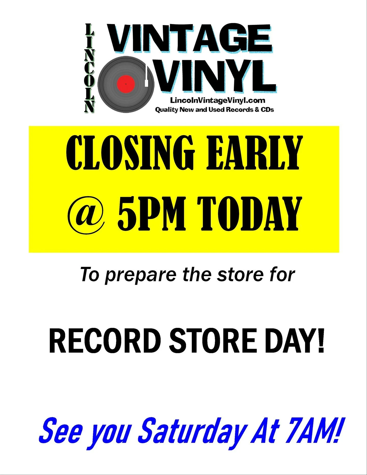 Just a reminder, we close an hour early today (5PM) to prepare the store for Record Store Day!  We will open Tomorrow (Saturday April 18th) at 7AM!  Keep an eye on our socials today for more information about Record Store Day!