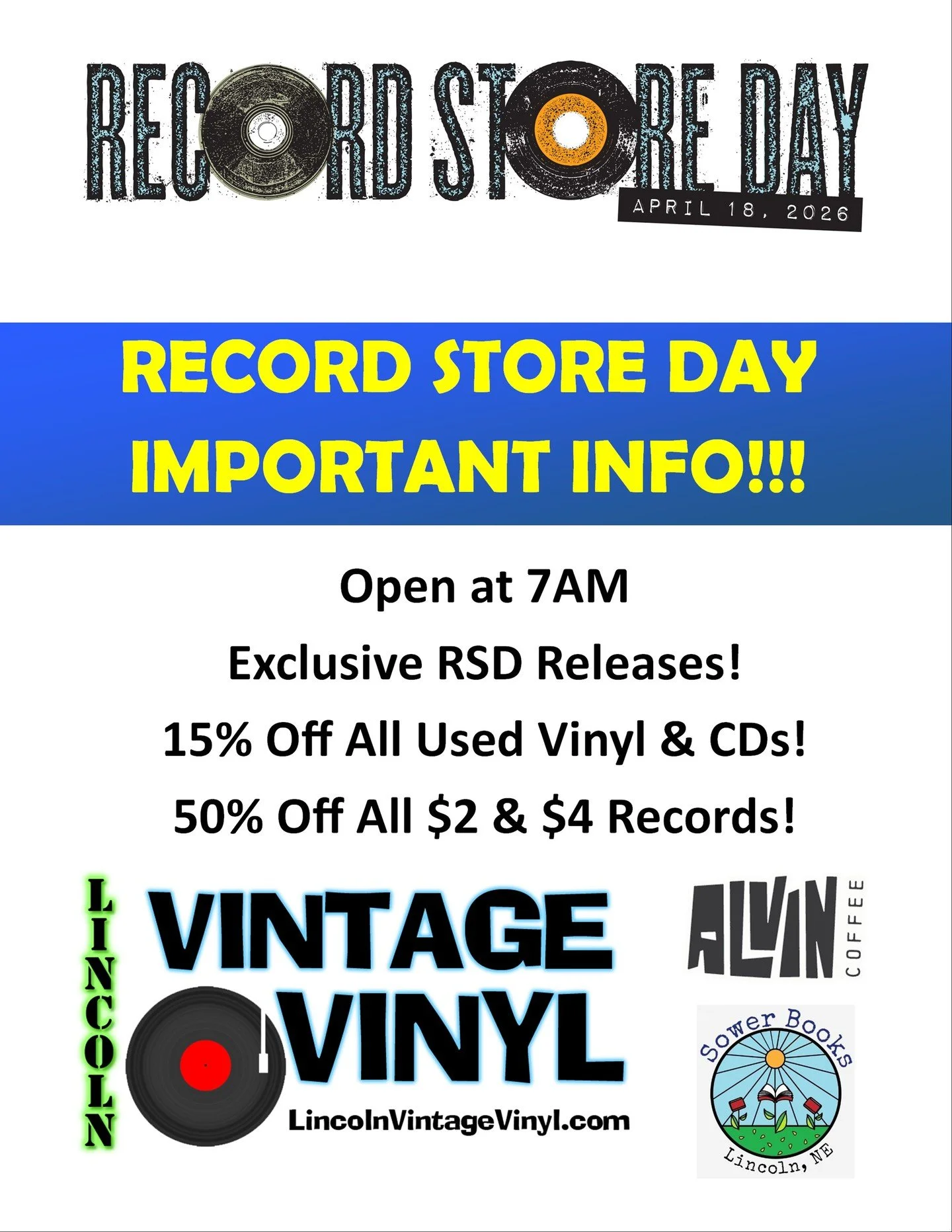 Here are all the details for Record Store Day 2026. This is long, I apologize!
We close early today at 5PM to get setup for tomorrow. We open at 7AM Saturday. You&rsquo;re welcome to line up in front of the store before we open. Please be respectful 