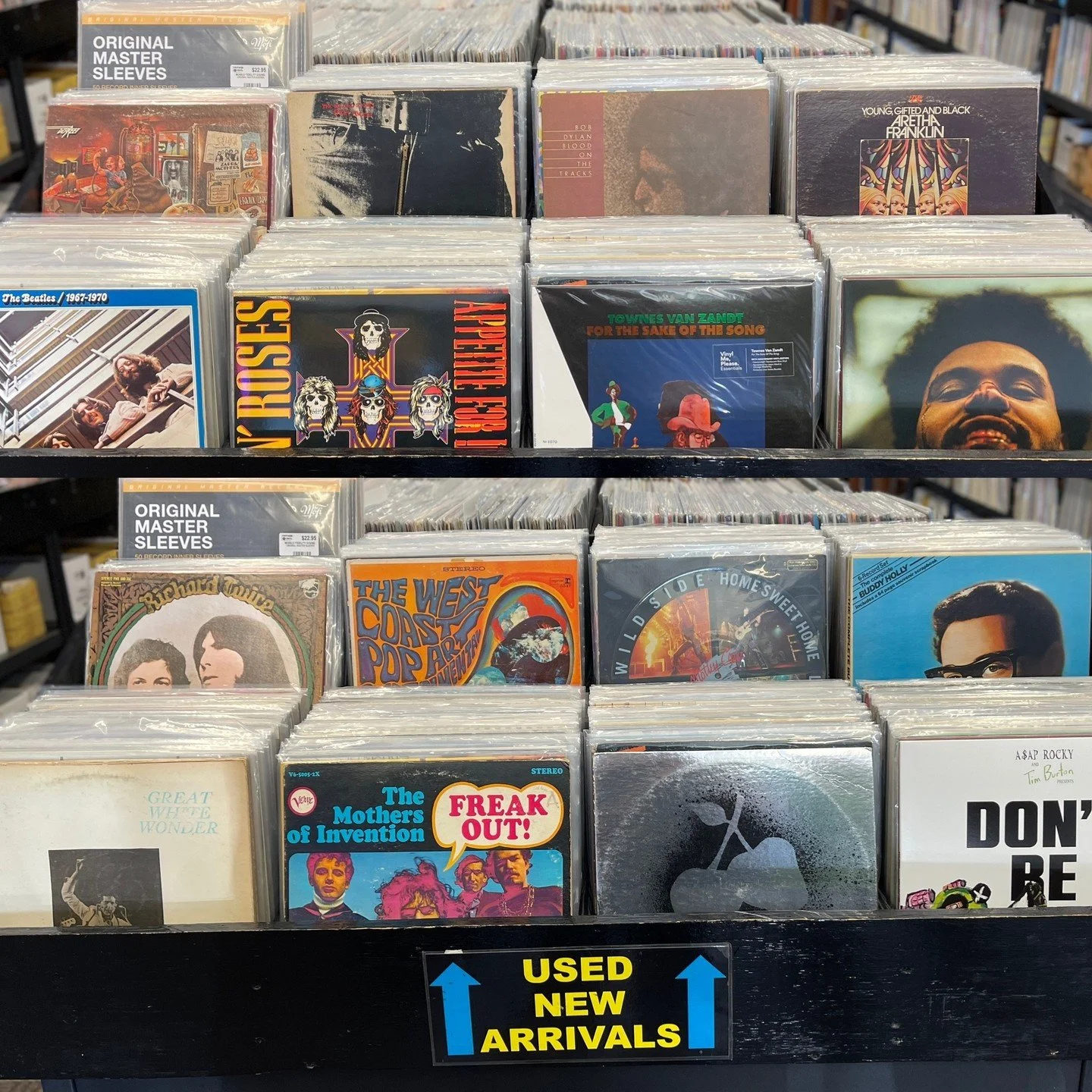 Used New Arrivals hitting the bins when we open on Saturday!  Stop by this weekend and grab some new tunes, you deserve it!  Frank Zappa / Mothers, Rolling Stones (Orig), Bob Dylan, Aretha Franklin, The Beatles, Guns N Roses, Townes Van Zant, The Wee