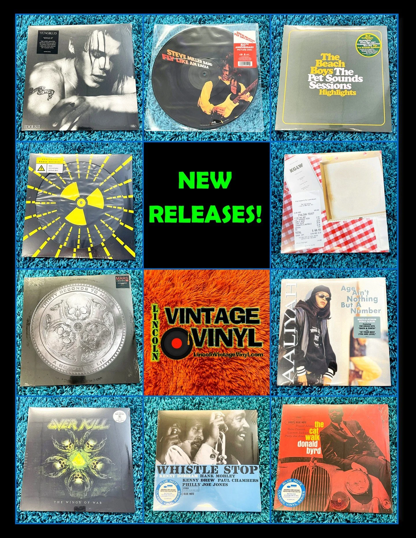 Vinyl New Releases out Tomorrow (Friday 5/15)  Yungblud, Steve Miller Band, The Beach Boys, Kraftwerk, King Gizzard, Thirty Seconds To Mars, Aalyah, Overkill, Kenny Dorham and Donald Byrd!  Message us or comment to have us save a copy of any of these