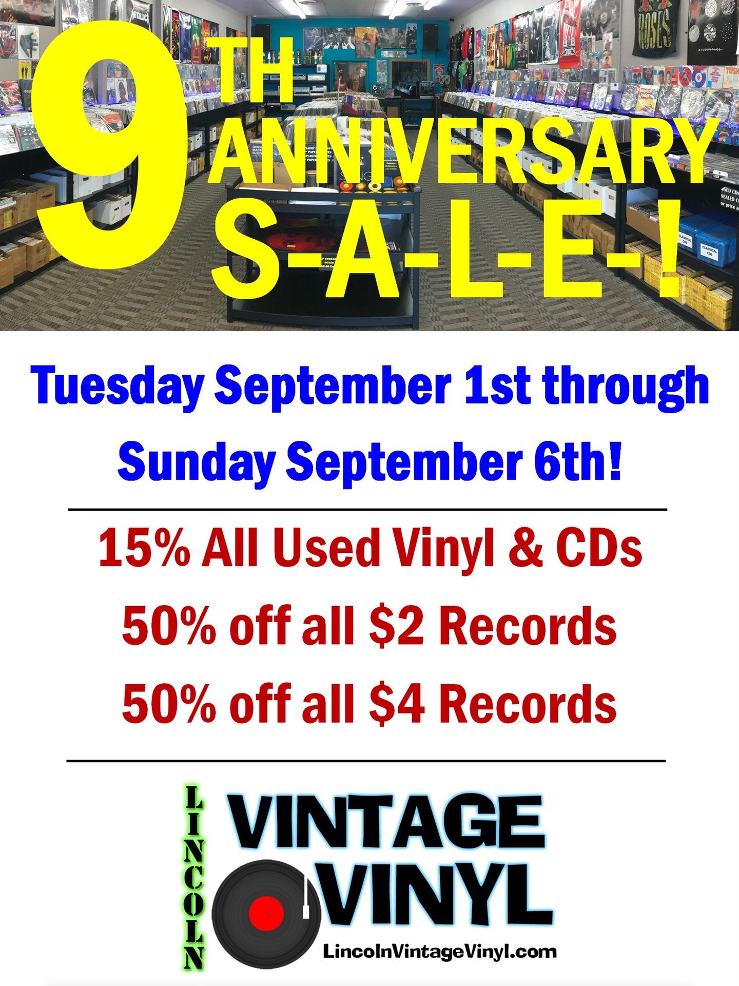 Our 9th Anniversary Sale Starts on Tuesday 9/1! 
Save 15% off all used Vinyl and CDs!
Save 50% off all $2 and $4 Records!
Shop Early For Best Selection!