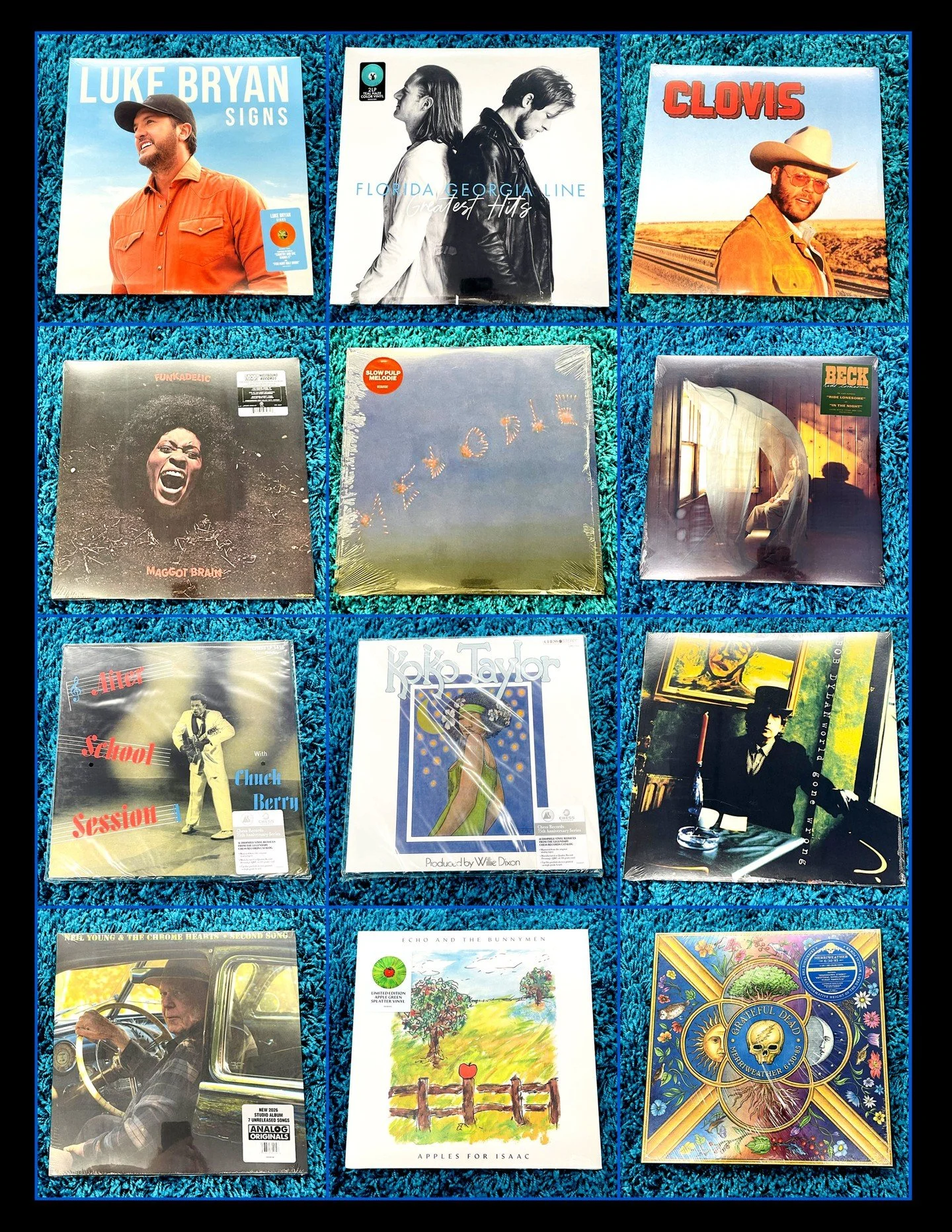 More New Releases out tomorrow, Friday 9/18!  Part 2 of 2, message us or comment below for anything you'd like us to save for you! 
Luke Bryan - Sings - Orange Vinyl
Florida Georgia Line - Greatest Hits - 2LP Teal Haze Vinyl
Charley Crocket - Clovis 