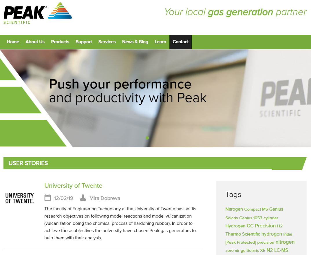 Peak Scientific make user stories available with testimonials from current clients to showcase credibility as well as real-life examples of where products are used.