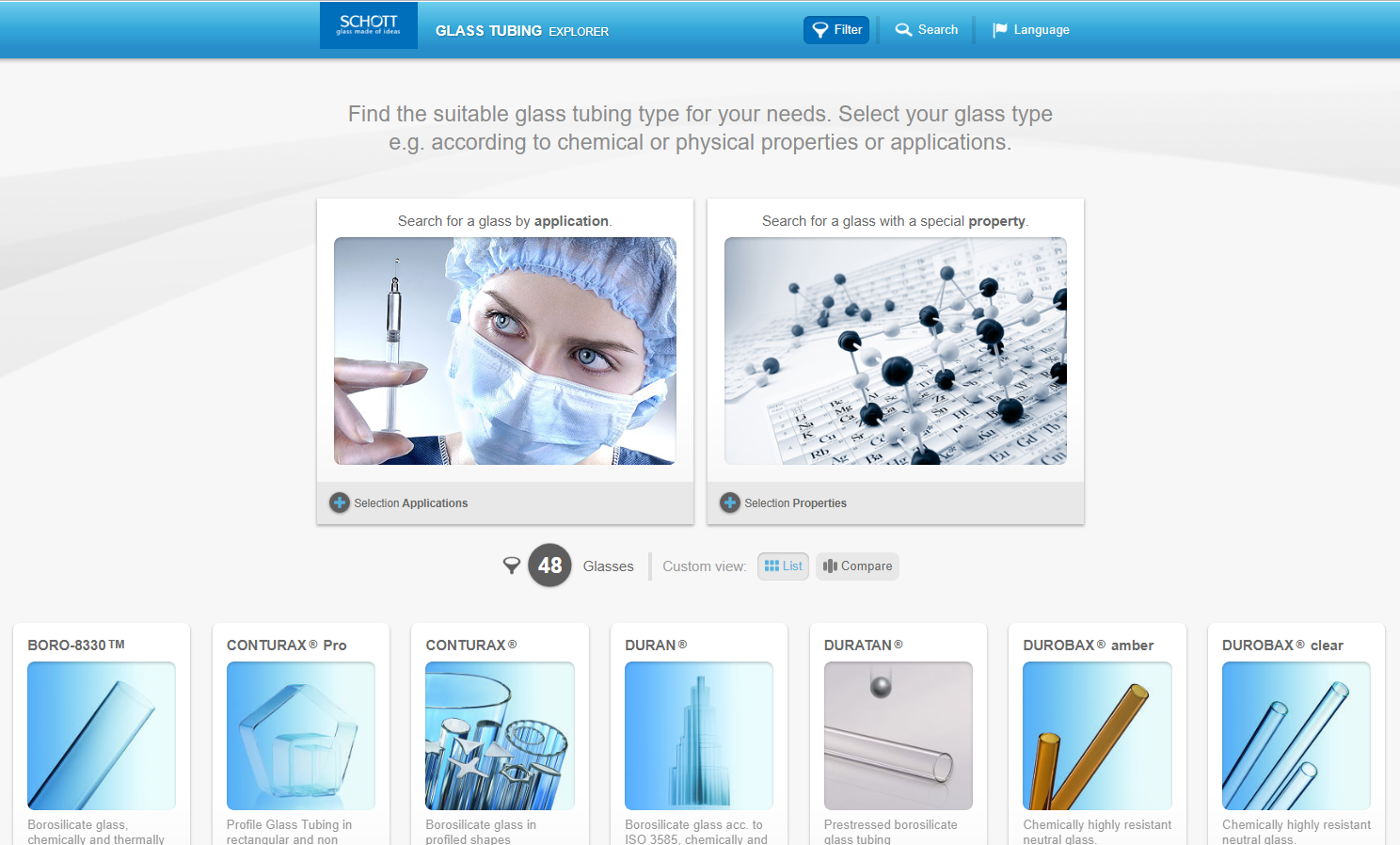 Schott also offers multiple search functions for their products and present brochures and datasheets for more detailed information on its products.
