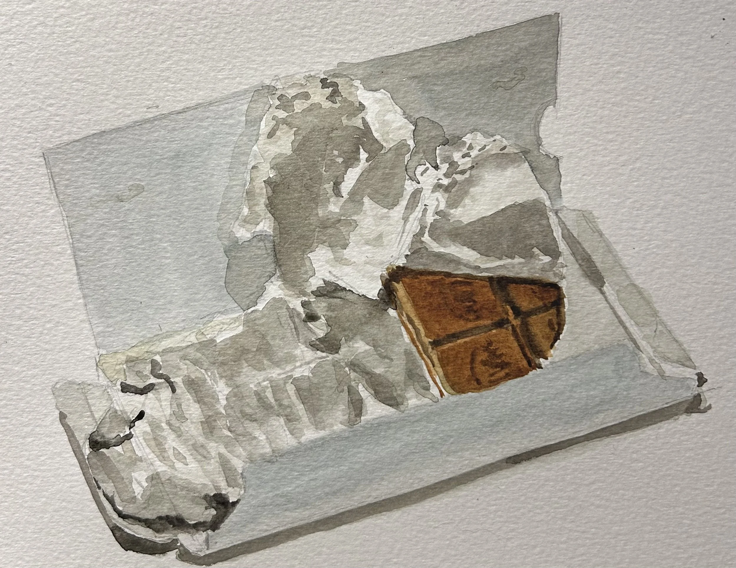 Watercolour painting of a chocolate bar and foil wrapper