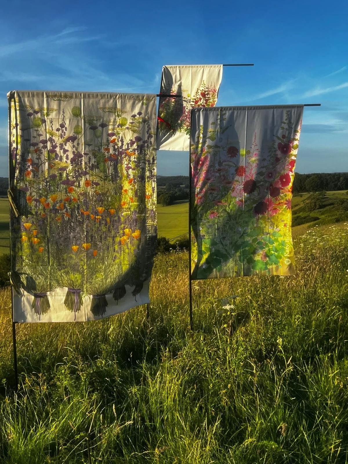 Katy Botanical flags being exhibited in the Test Valley, Hampshire
