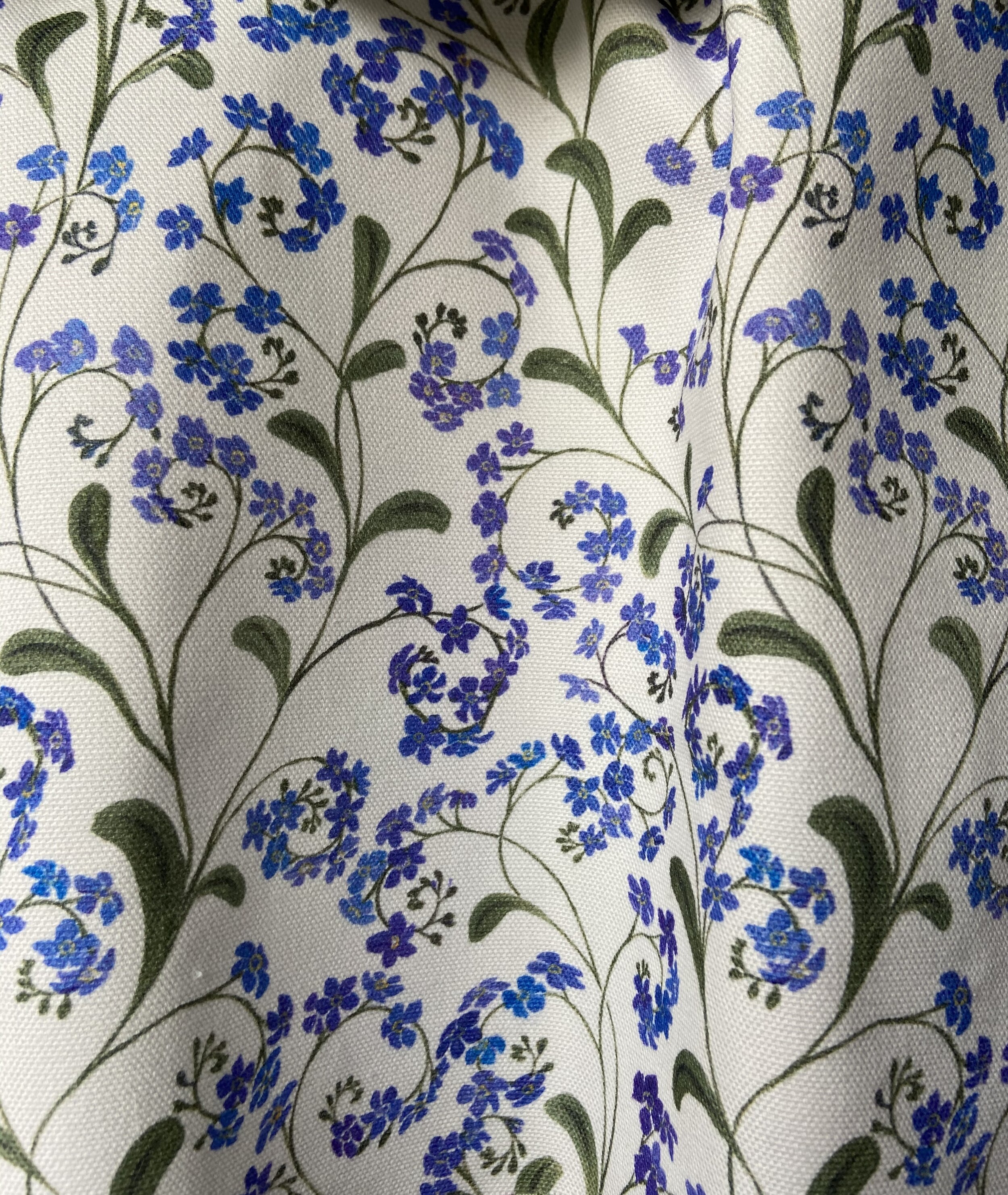 Hand painted Forger Me Not flowers cover this English raw linen. Hand painted all over floral print, perfect for curtains, upholstery, table linen, wedding canopy chuppah