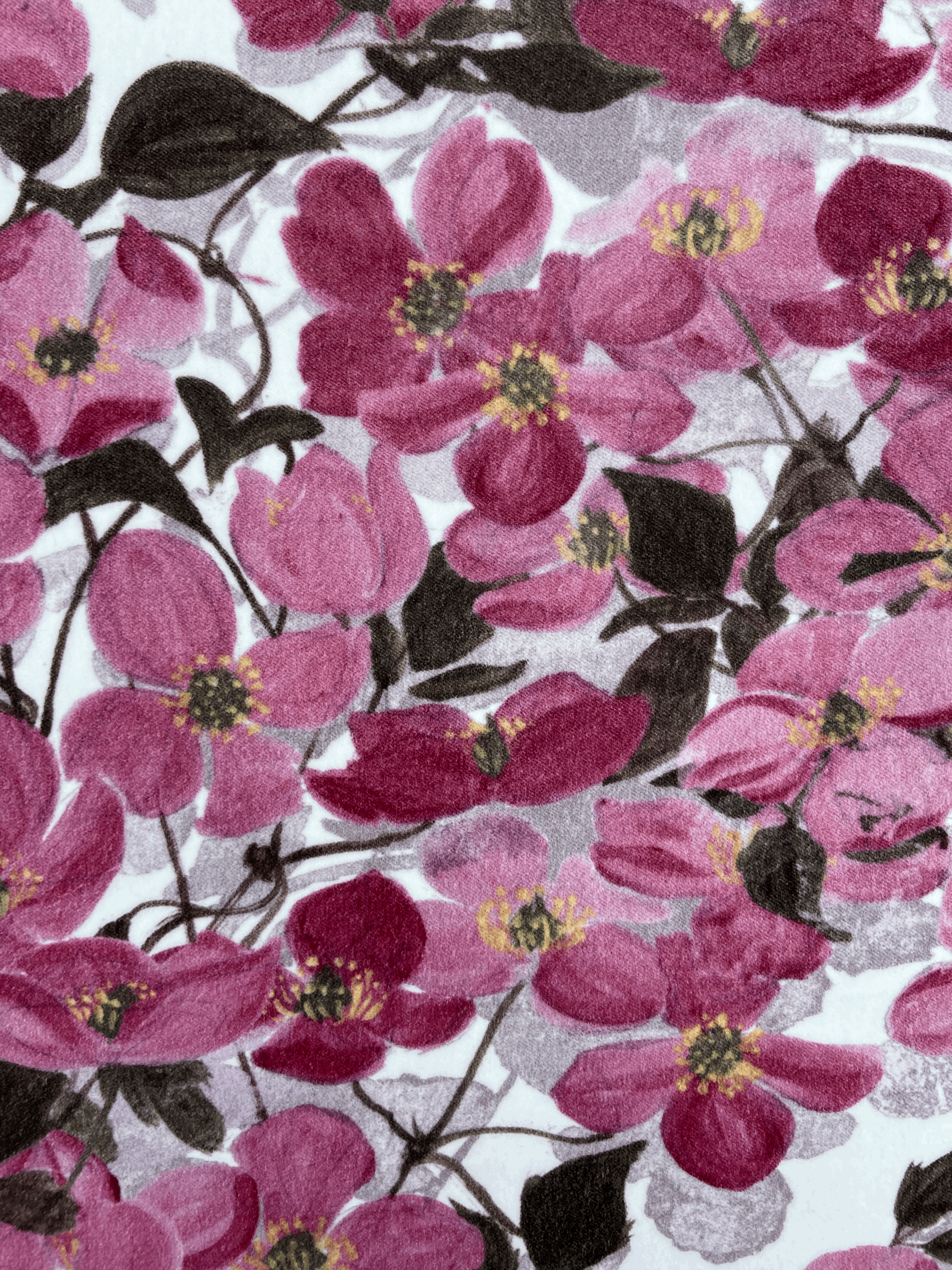 A cloud of clematis Montana flowers printed onto cotton velvet