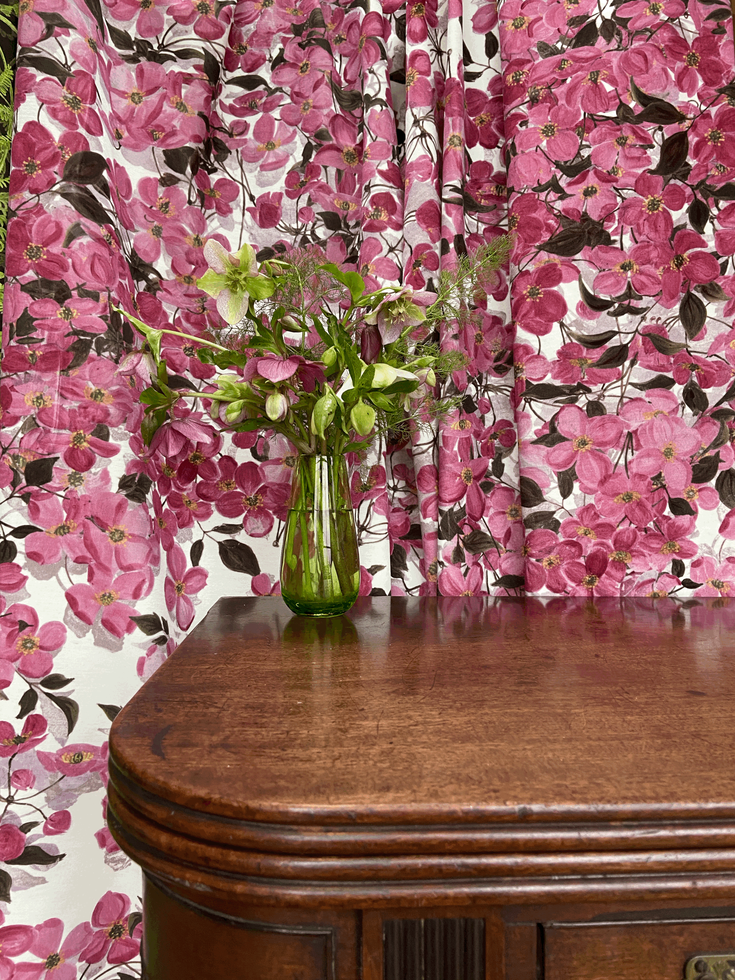 Regency card table against pink floral clematis design velvet