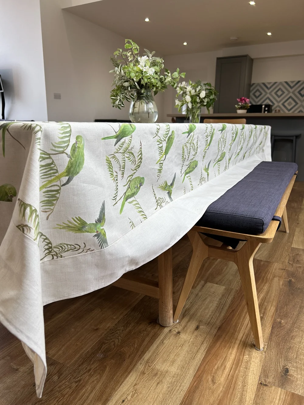  Extra wide and long parakeet bird tablecloth made of linen and finished with a wide unprinted linen border, for everyday and special occassions. 