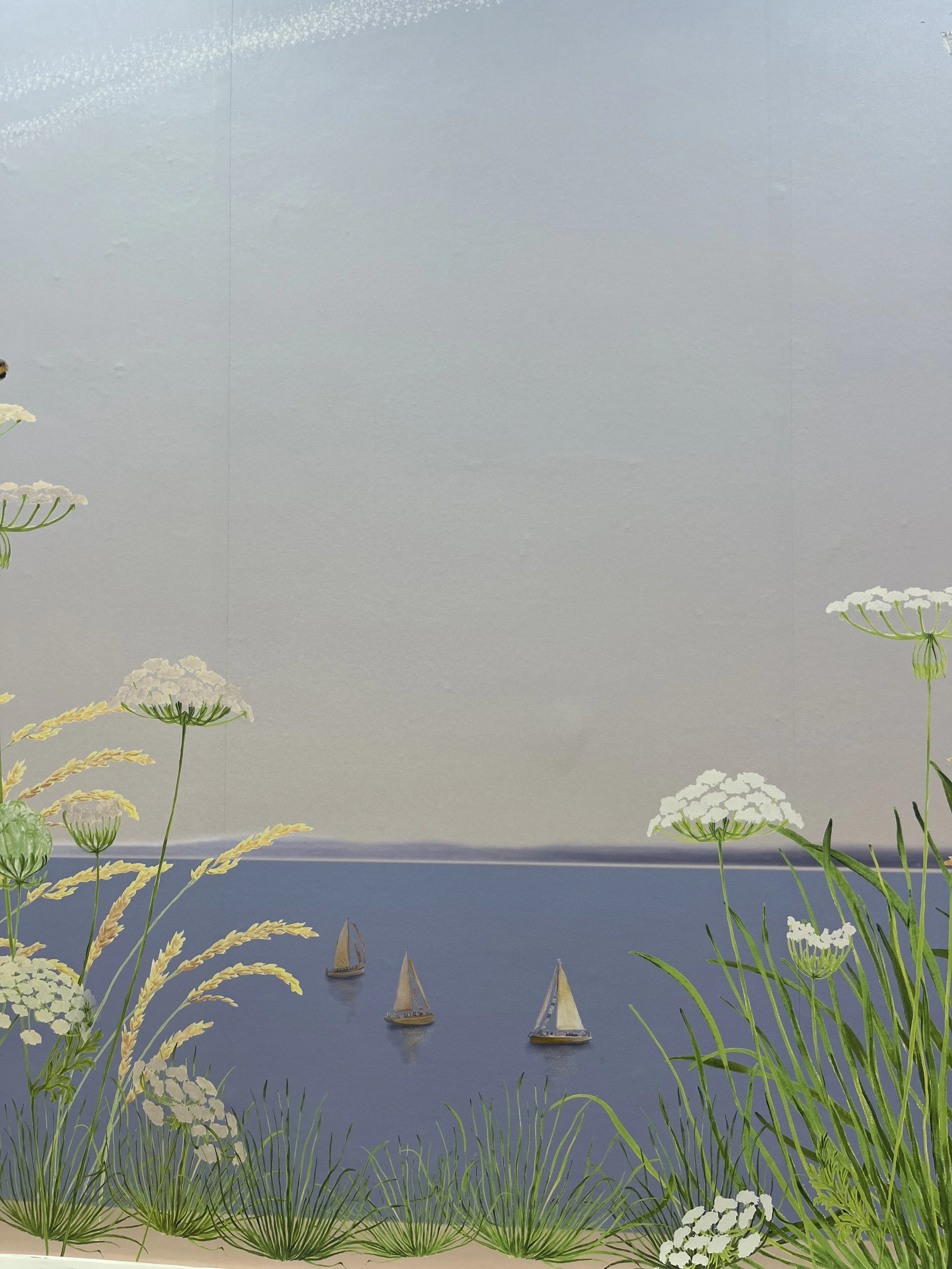 Detail of botanical mural, rooted in principles of biophilic design - nature-inspired wall design installed to create a feeling of wellbeing, calm and connection.”
