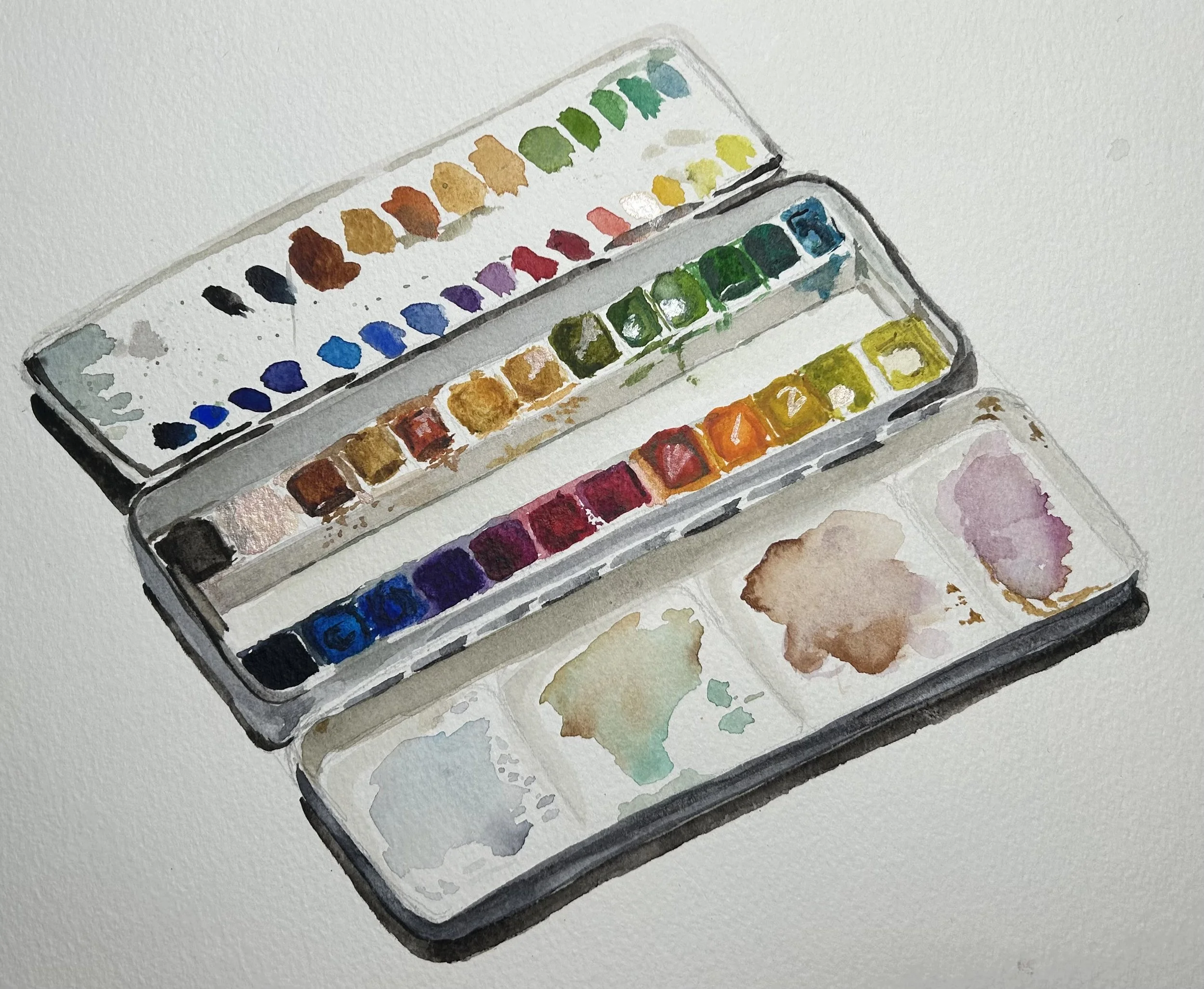 A realistic watercolour sketch of a watercolour paints box set and palette