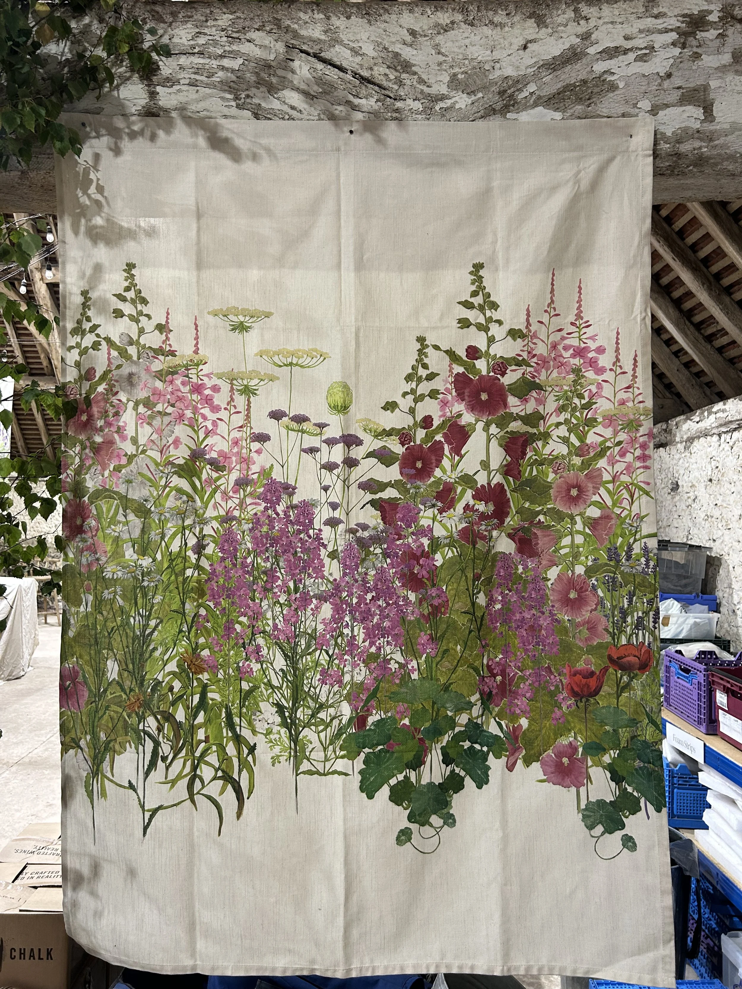 Hollyhock hand painted linen flag or wall hanging