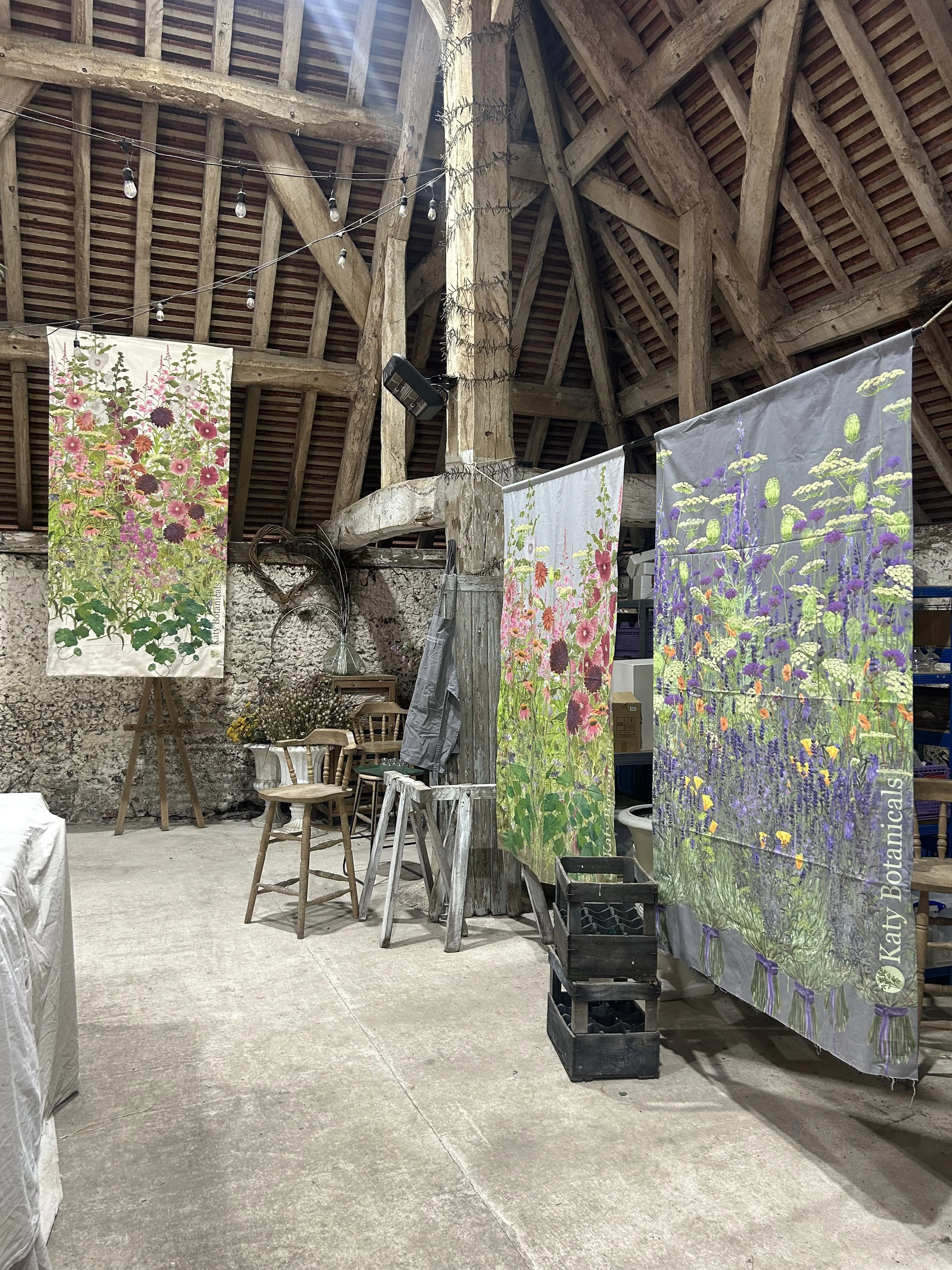 Katy Botanicals floral flags and wall hangings being exhibited at the Featherstone Flowers 5th Anniversary