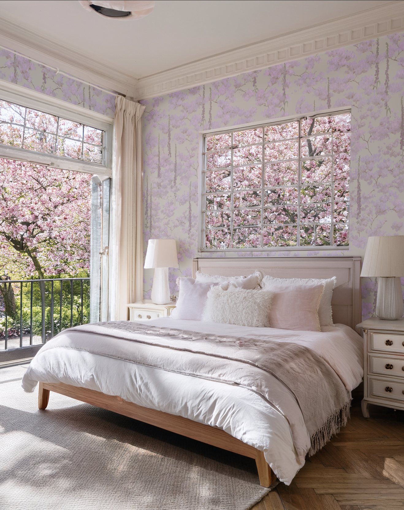 Sakura Floral Cherry Tree and foxglove botanical wallpaper, soft and calm and ecologically produced in the UK