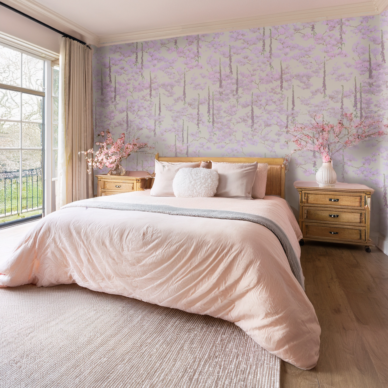 Cherry tree wallpaper for bedrooms and bathrooms.  Best floral botanical wallpaper for relaxing.  Hand painted and printed in Britain