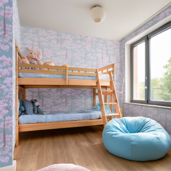 Children's kid's room with cherry blossom and blue sky wallpaper, best for both boys and girls children's bedrooms